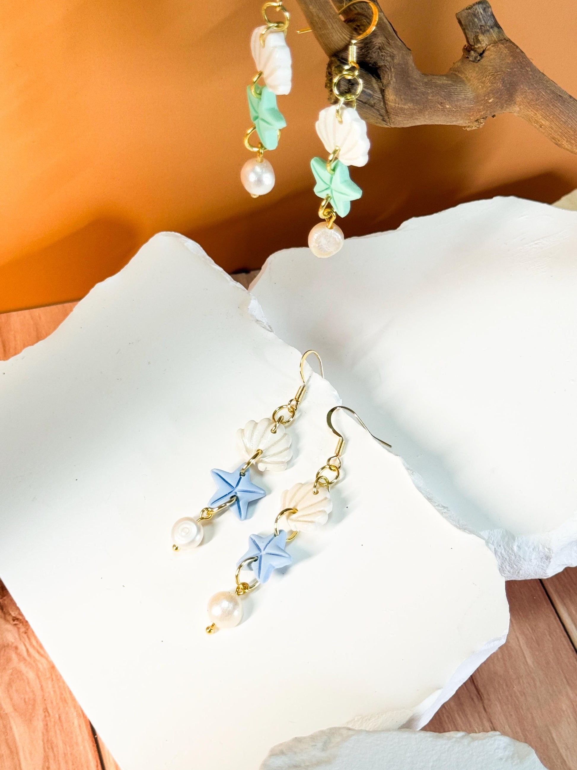 Funky earrings, baroque pearl earrings – Mermaid-inspired polymer clay seashell & starfish dangles | Handmade beach jewelry