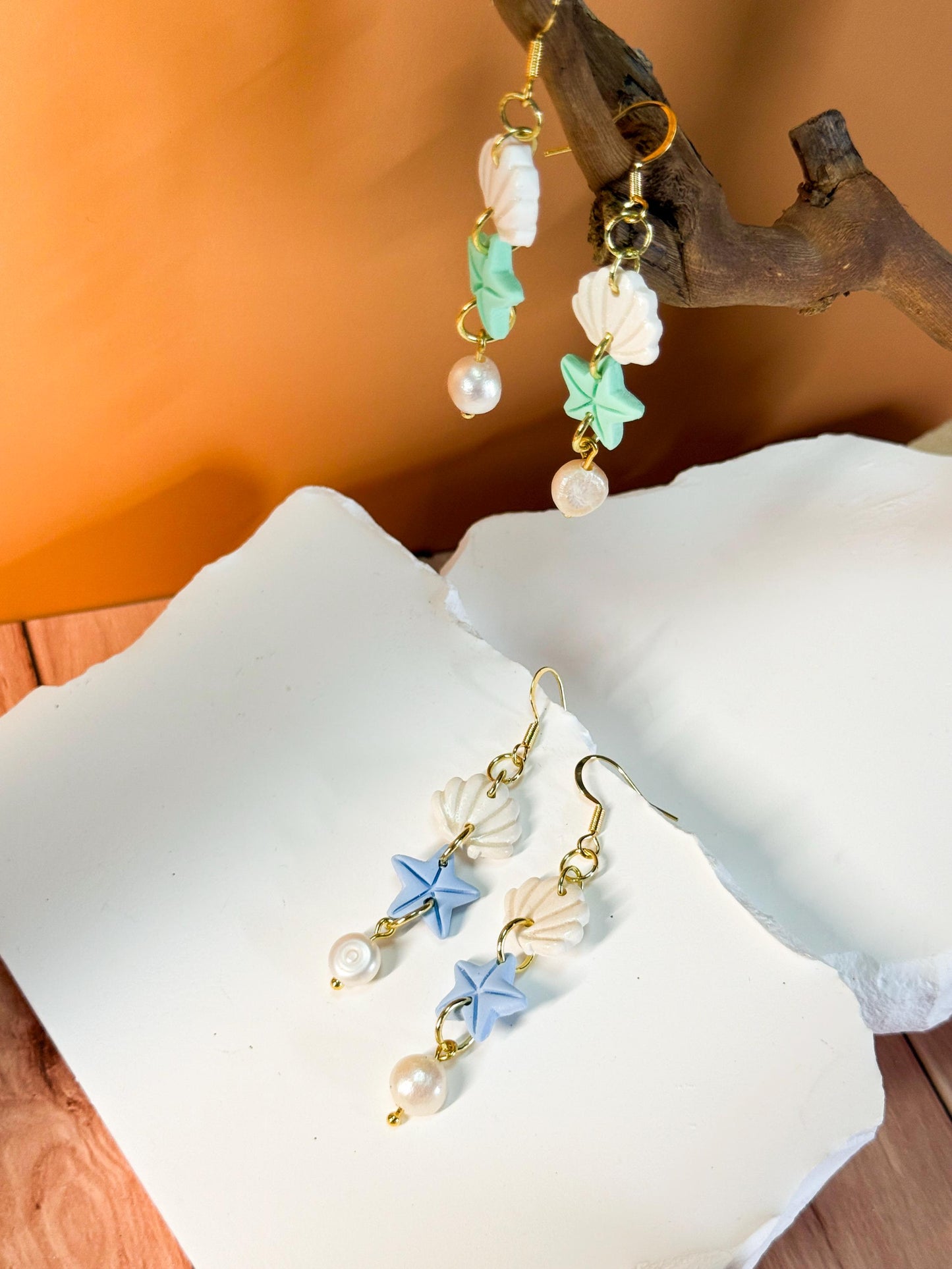 Funky earrings, baroque pearl earrings – Mermaid-inspired polymer clay seashell & starfish dangles | Handmade beach jewelry
