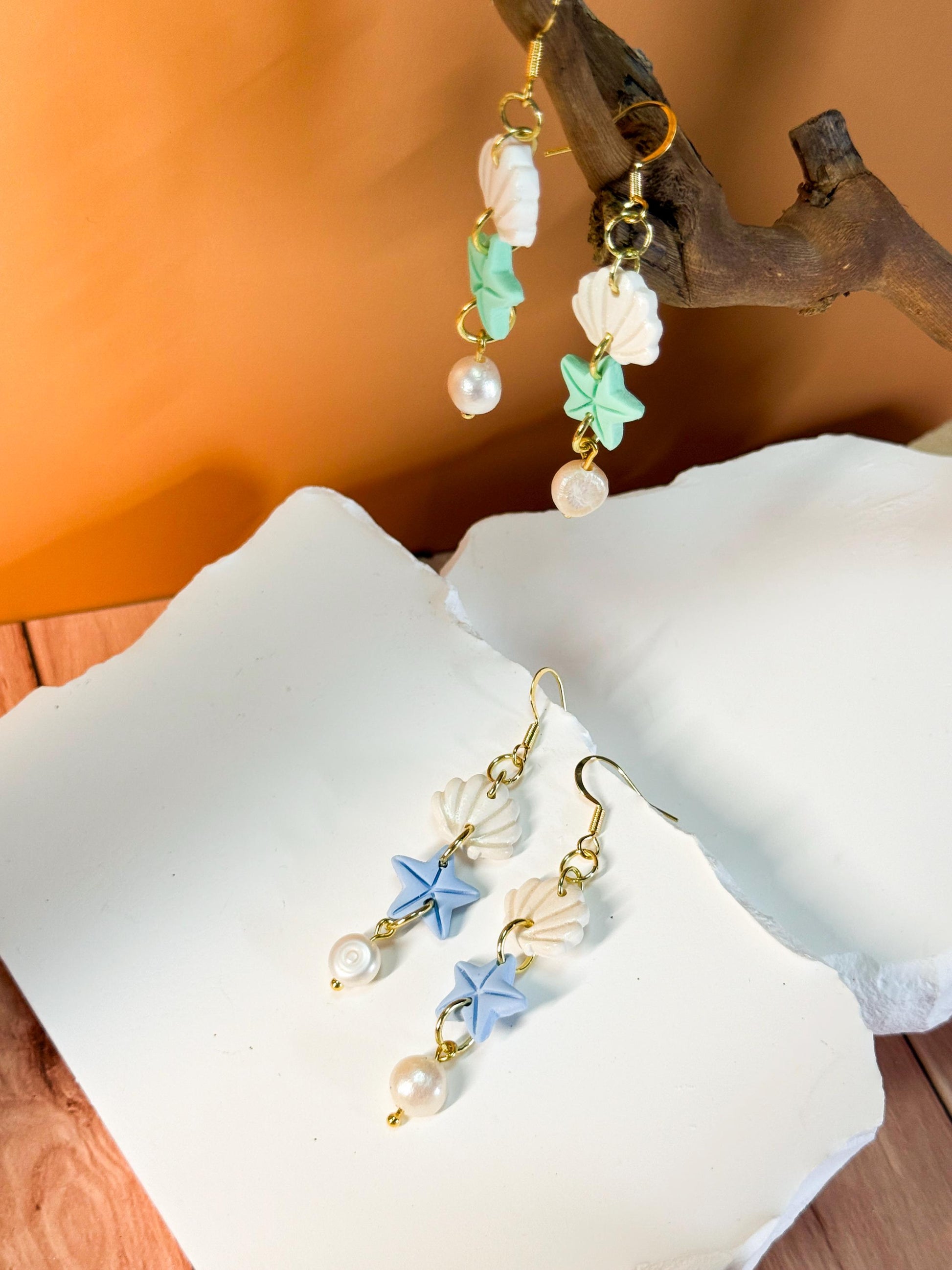 Funky earrings, baroque pearl earrings – Mermaid-inspired polymer clay seashell & starfish dangles | Handmade beach jewelry