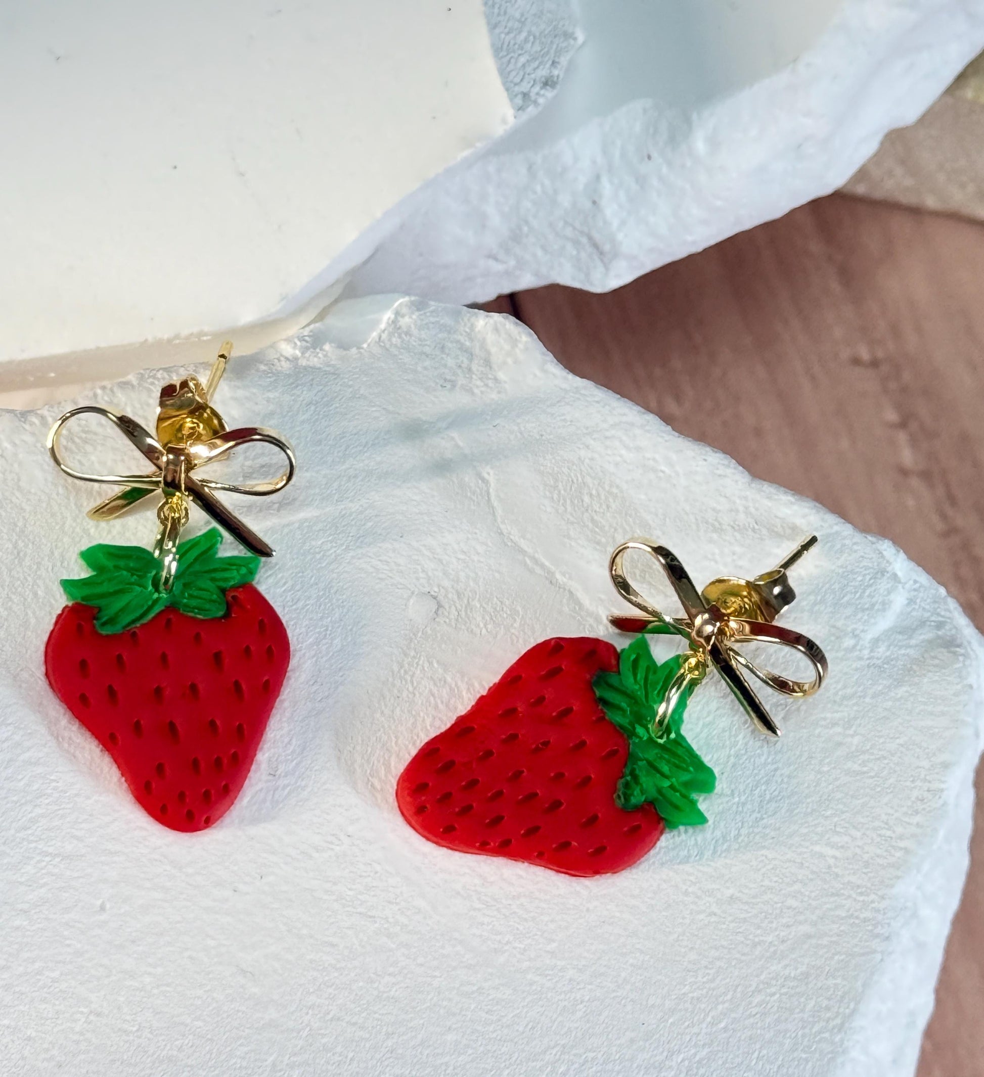 Strawberry Earrings: Handmade Polymer Clay Berry Dangles with Gold Bows