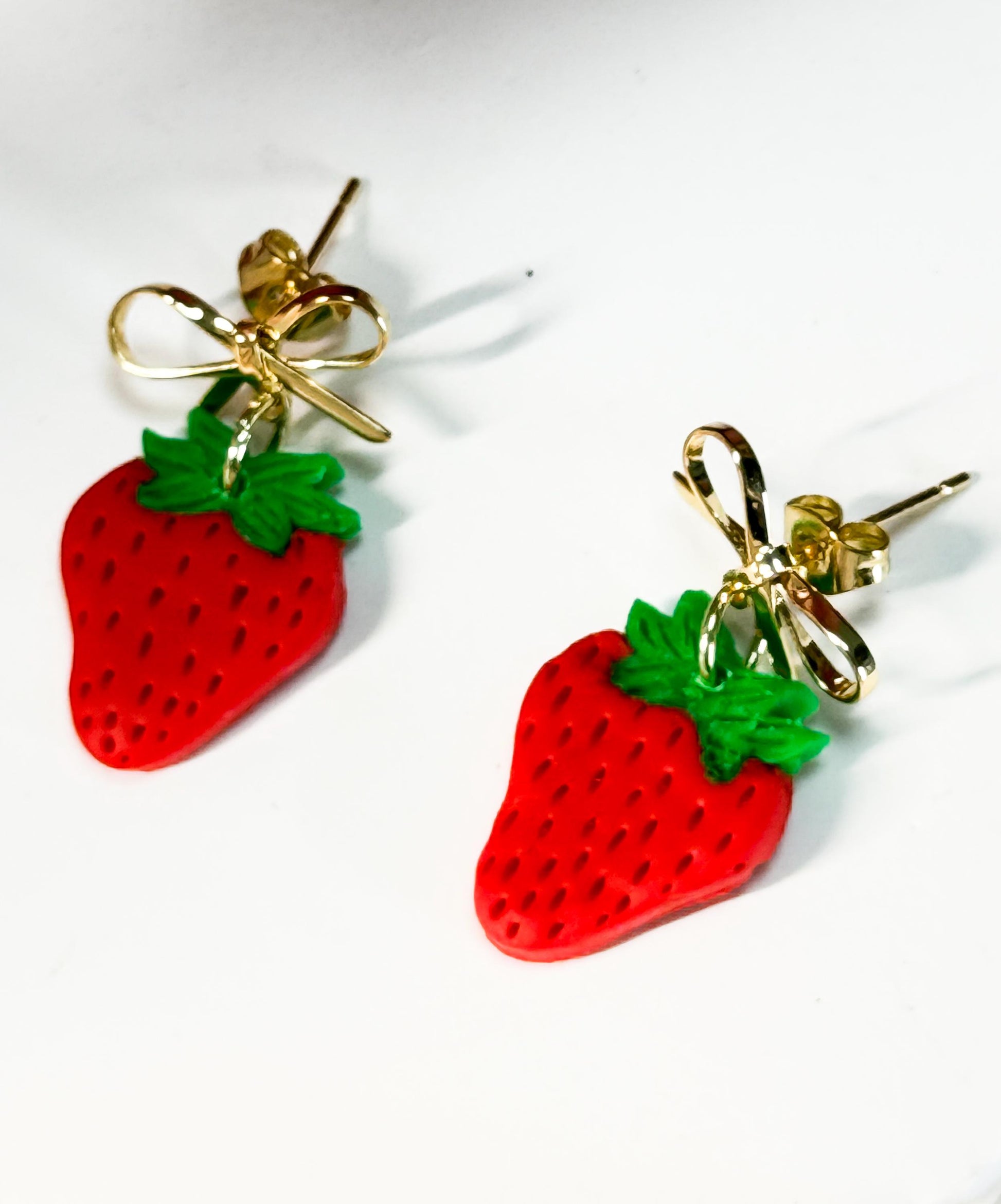 Strawberry Earrings: Handmade Polymer Clay Berry Dangles with Gold Bows