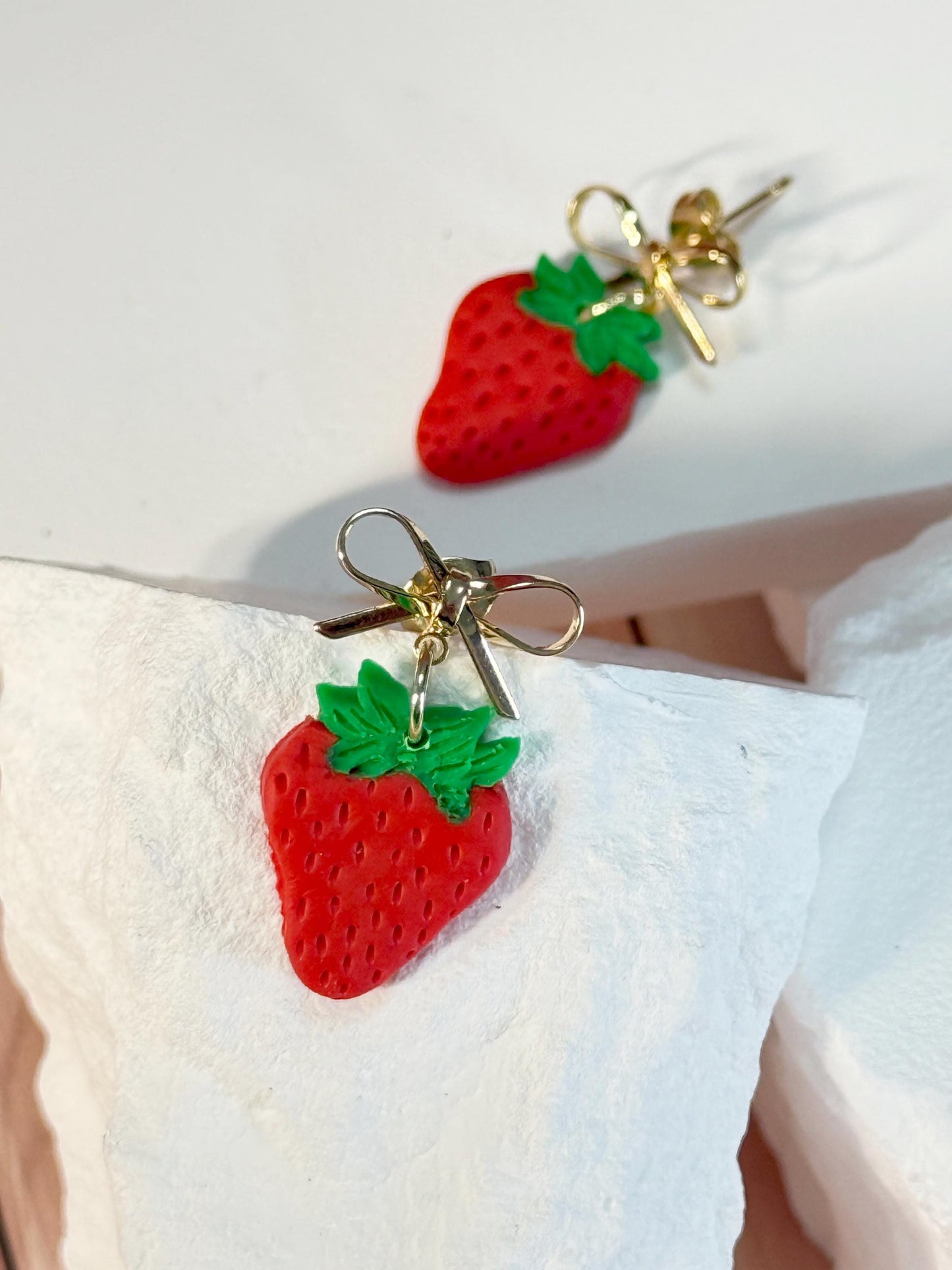 Strawberry Earrings: Handmade Polymer Clay Berry Dangles with Gold Bows