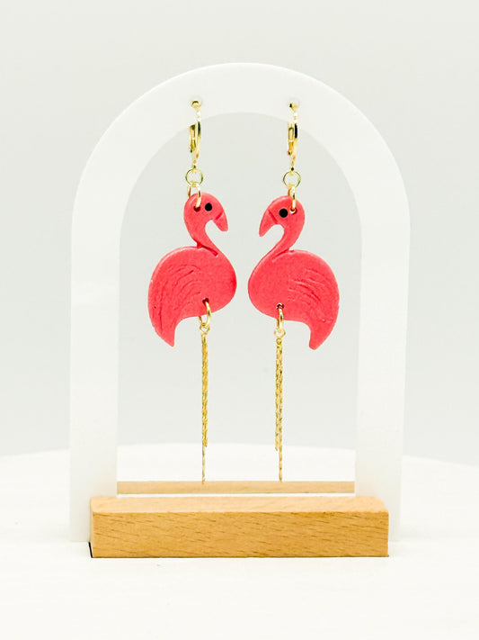 Flamingo Earrings: Pearlescent Pink Polymer Clay Dangles with 14K Gold-Plated Legs