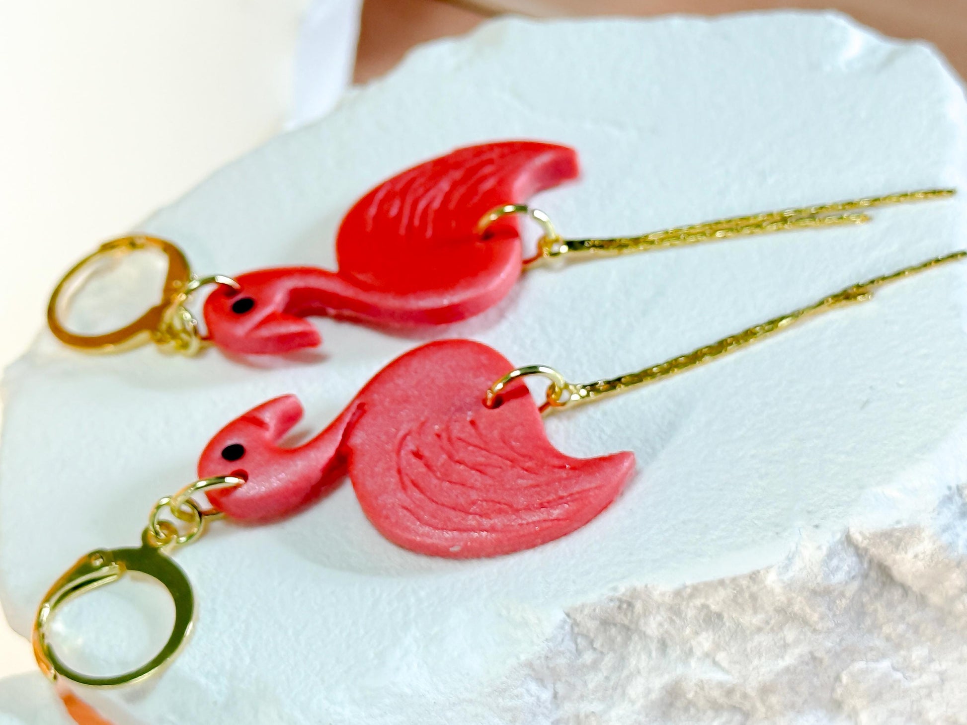 Flamingo Earrings: Pearlescent Pink Polymer Clay Dangles with 14K Gold-Plated Legs