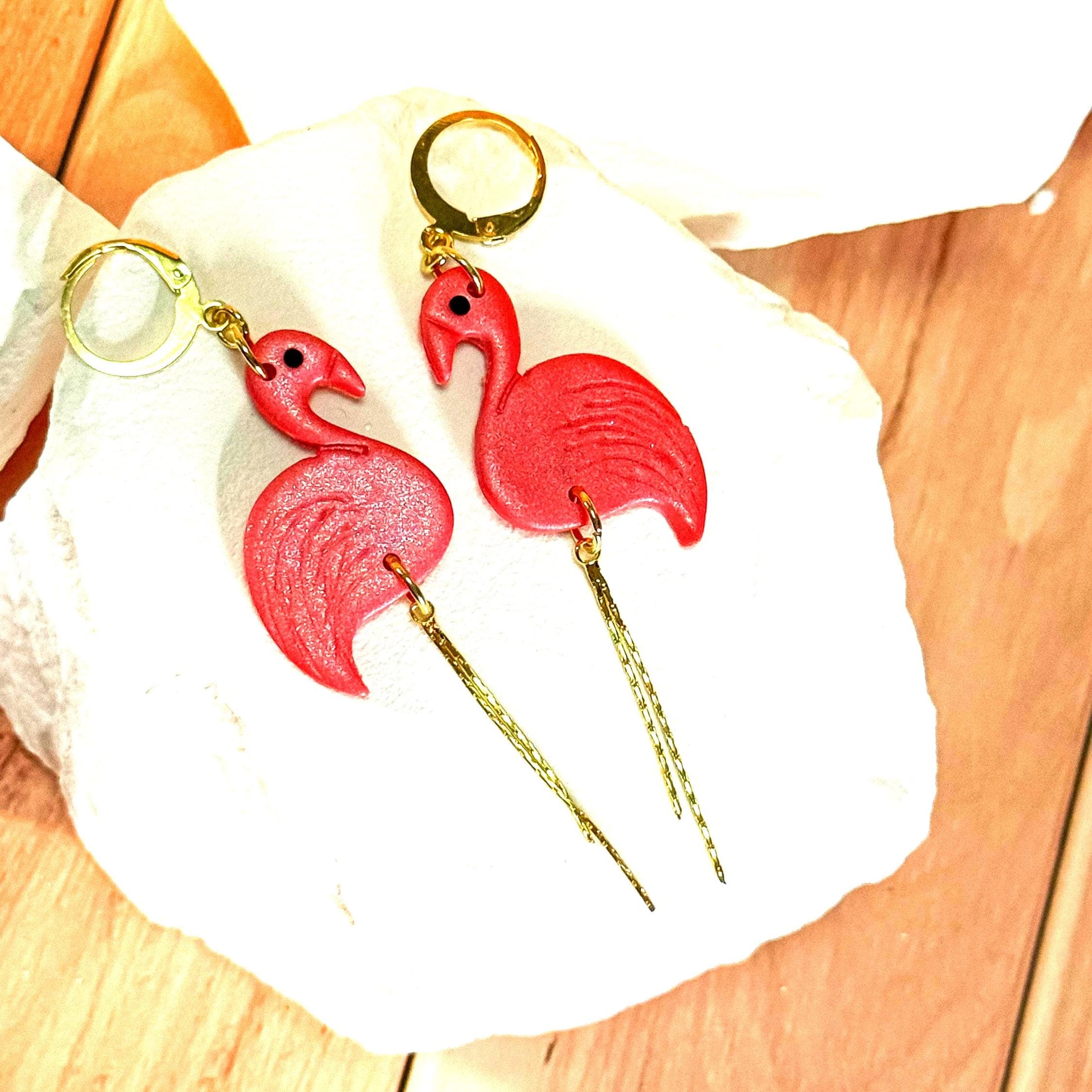 Flamingo Earrings: Pearlescent Pink Polymer Clay Dangles with 14K Gold-Plated Legs