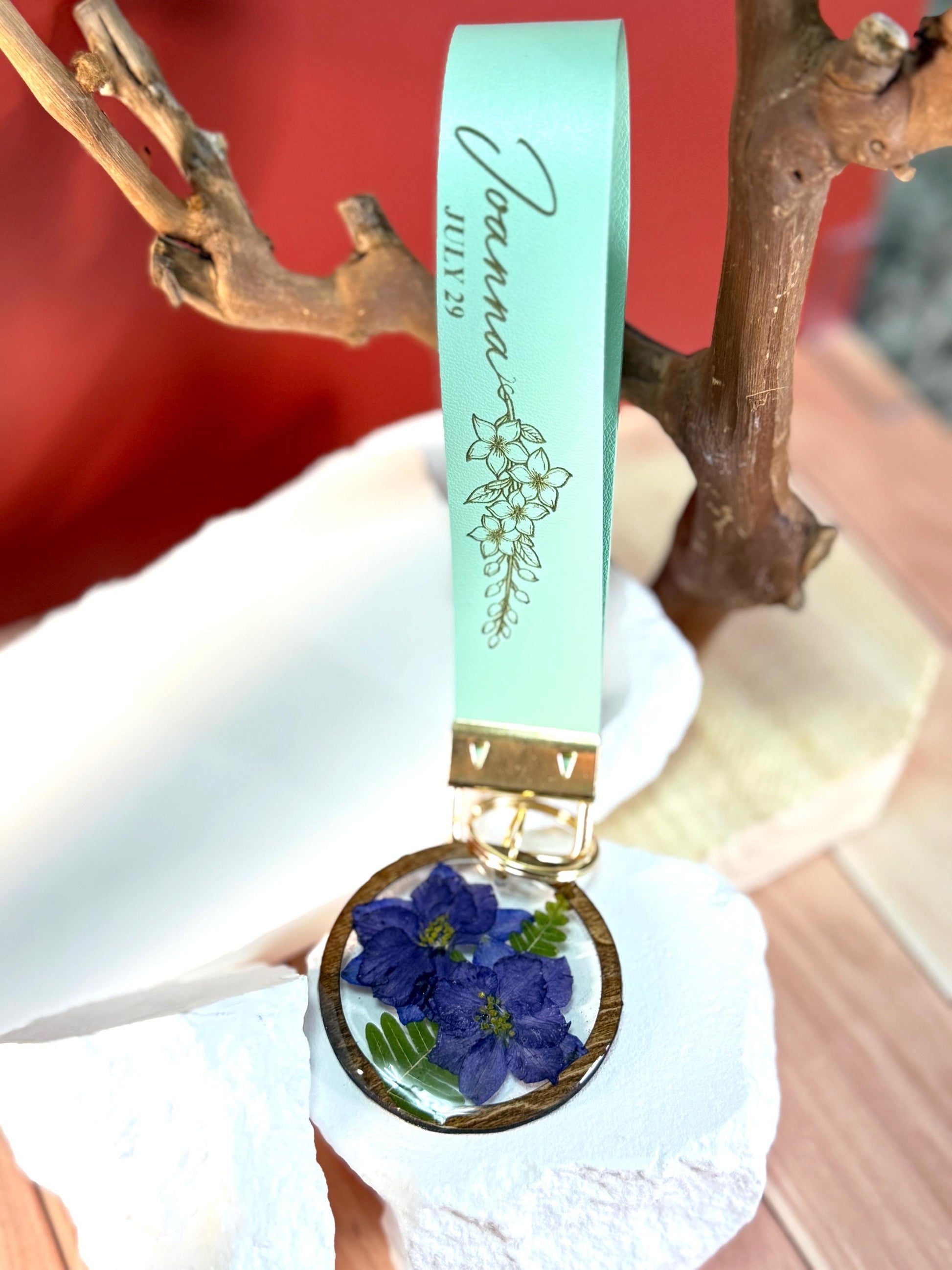 Personalized Birth Flower Keychain: Faux Leather Strap, Resin Flower Charm