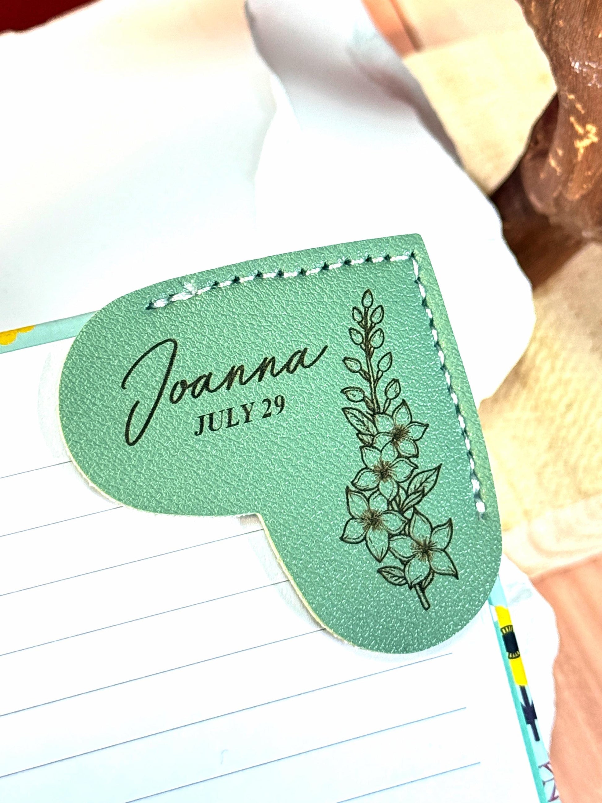 Personalized Birth Flower Bookmark: Engraved Faux Leather Heart Corner