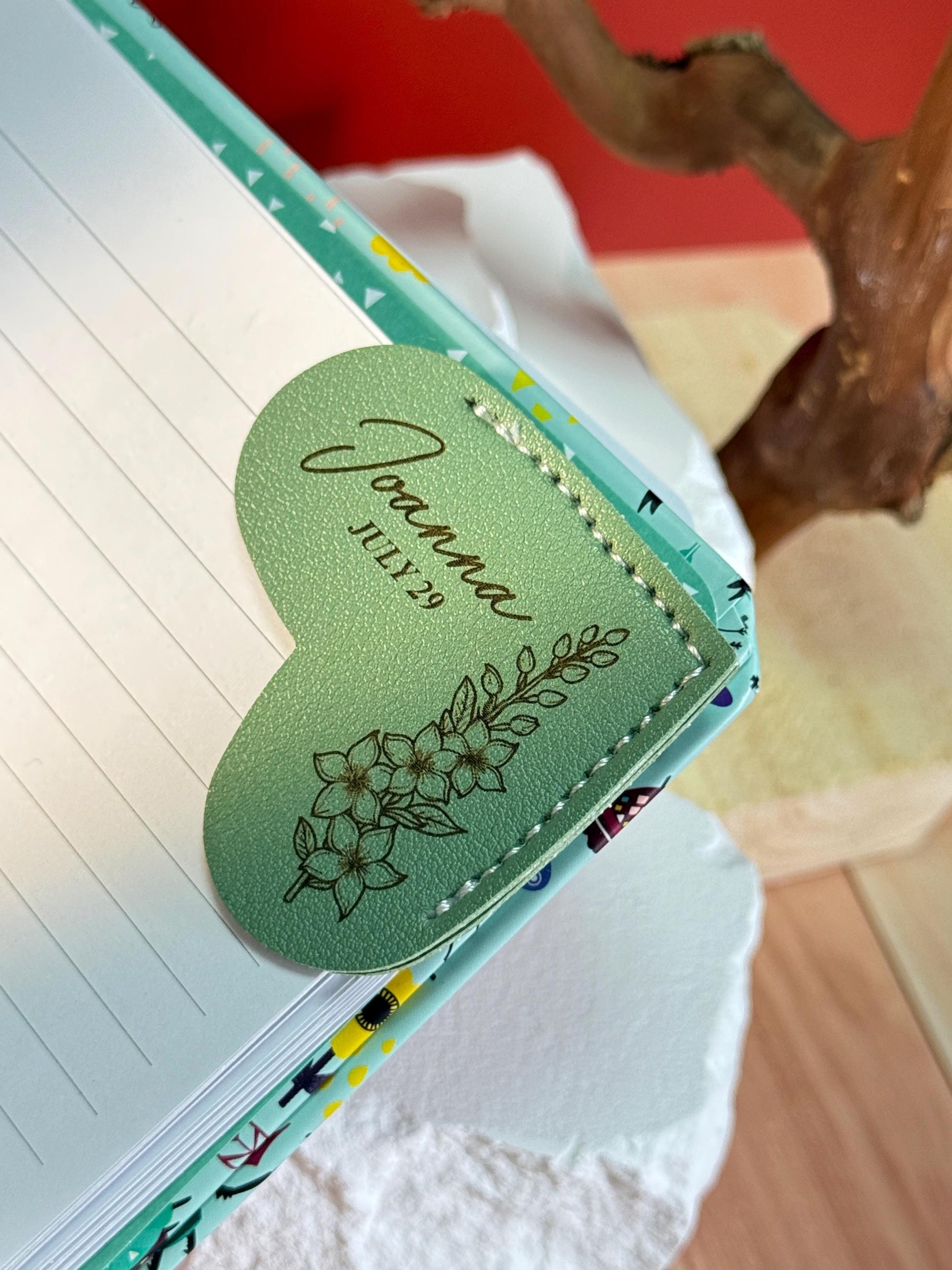 Personalized Birth Flower Bookmark: Engraved Faux Leather Heart Corner