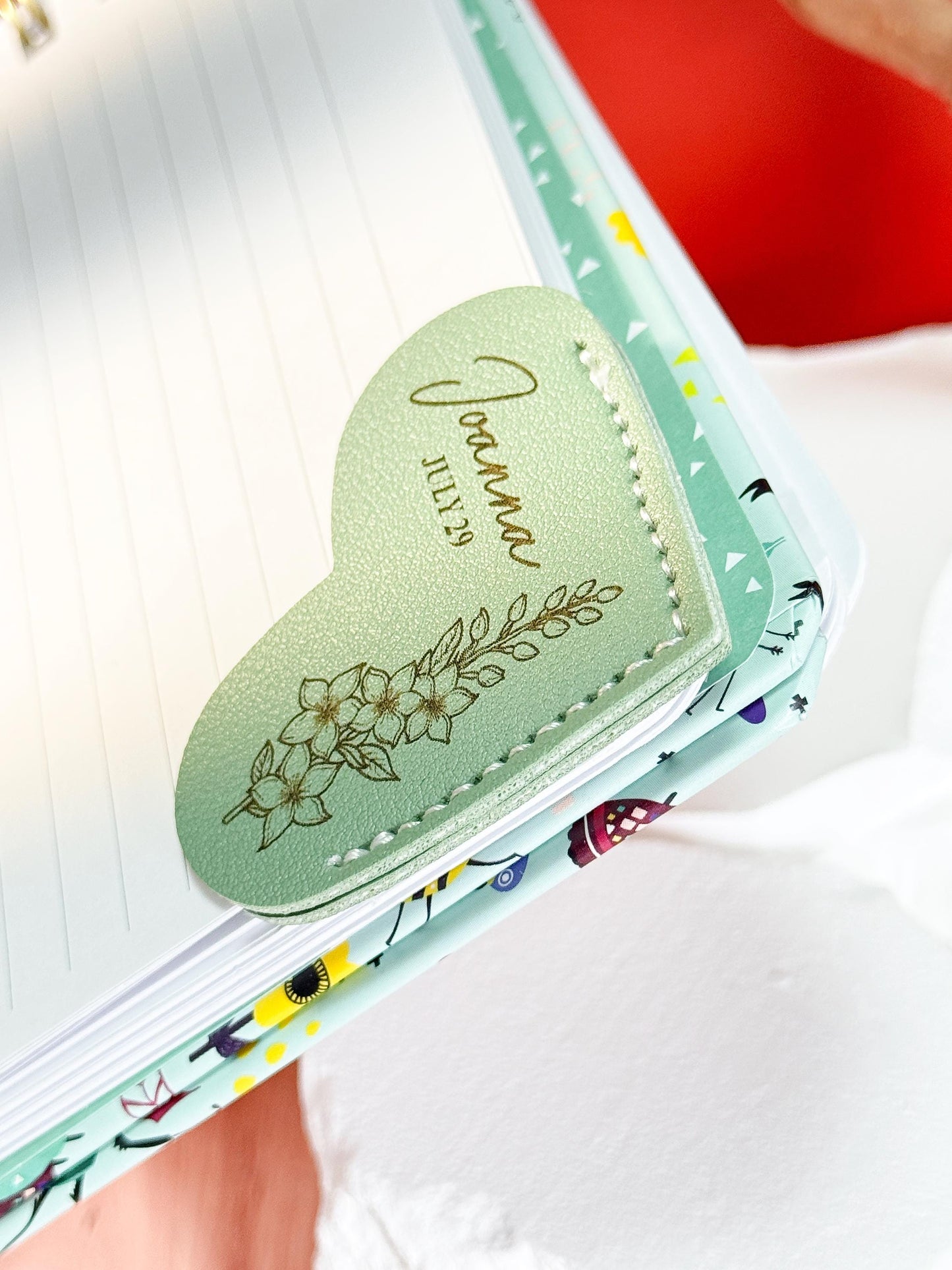 Personalized Birth Flower Bookmark: Engraved Faux Leather Heart Corner