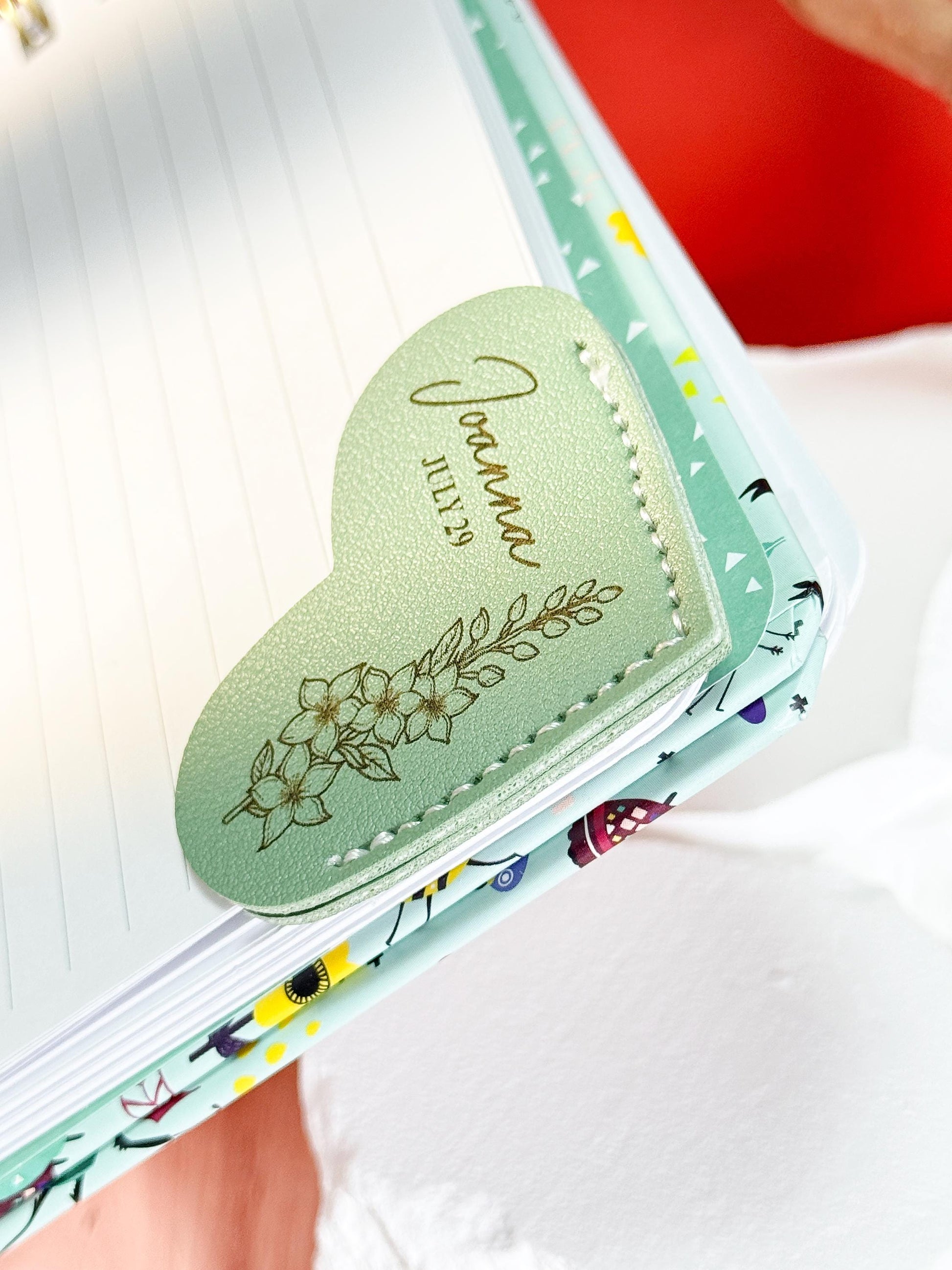 Personalized Birth Flower Bookmark: Engraved Faux Leather Heart Corner