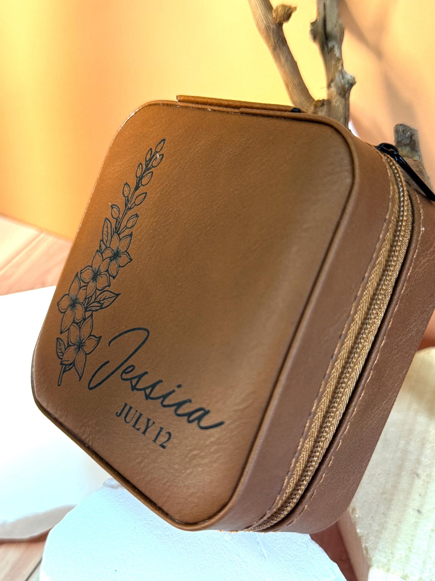 Personalized Birth Flower Jewelry Box: Engraved Faux Leather Travel Case