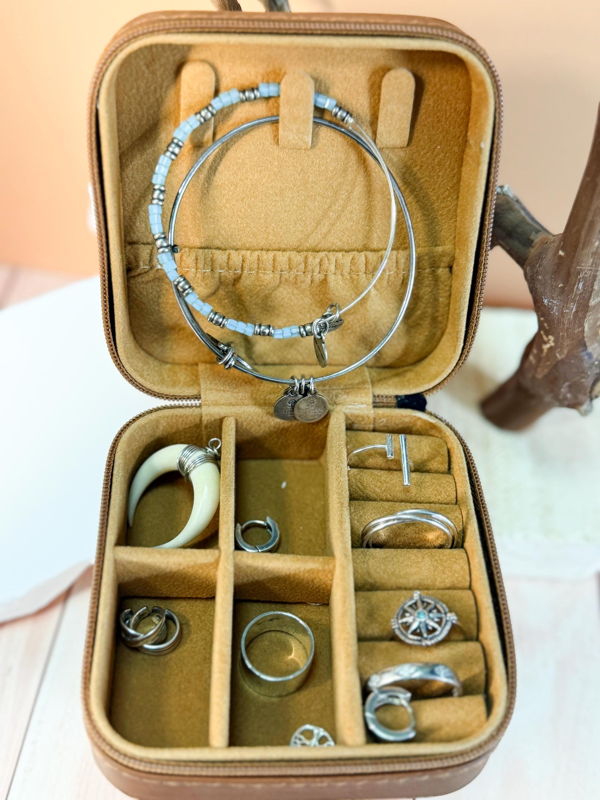 Personalized Birth Flower Jewelry Box: Engraved Faux Leather Travel Case