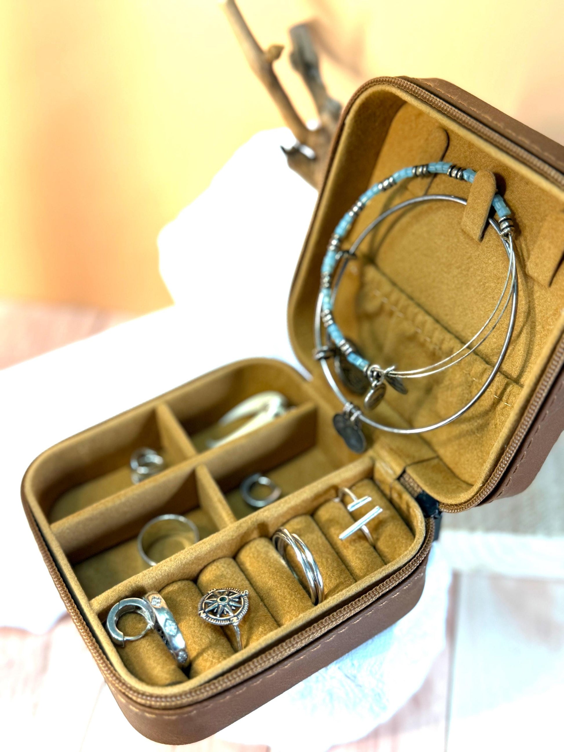 Personalized Birth Flower Jewelry Box: Engraved Faux Leather Travel Case