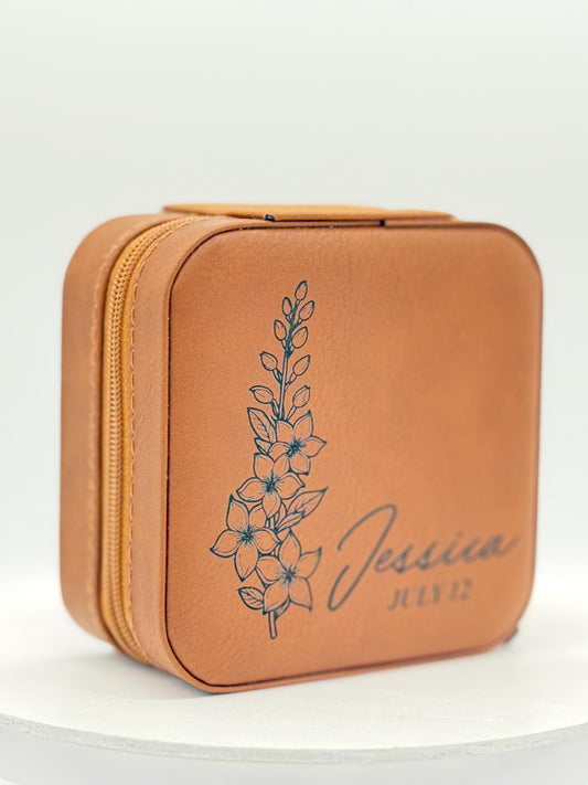 Personalized Birth Flower Jewelry Box: Engraved Faux Leather Travel Case
