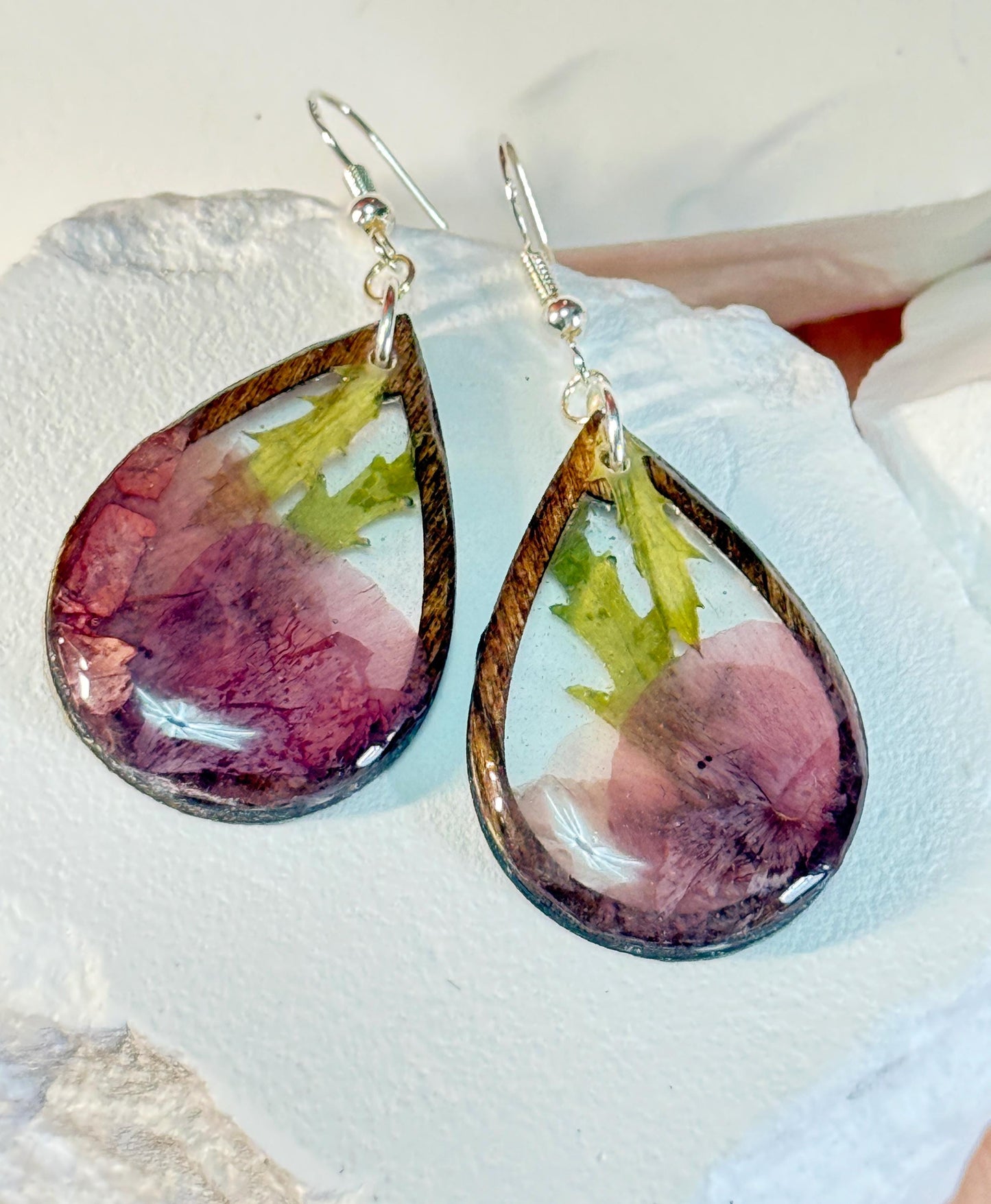 Birth Flower Earrings, Floral Resin Earrings | Rustic Wood Teardrop Dangles with Real Pressed Flowers