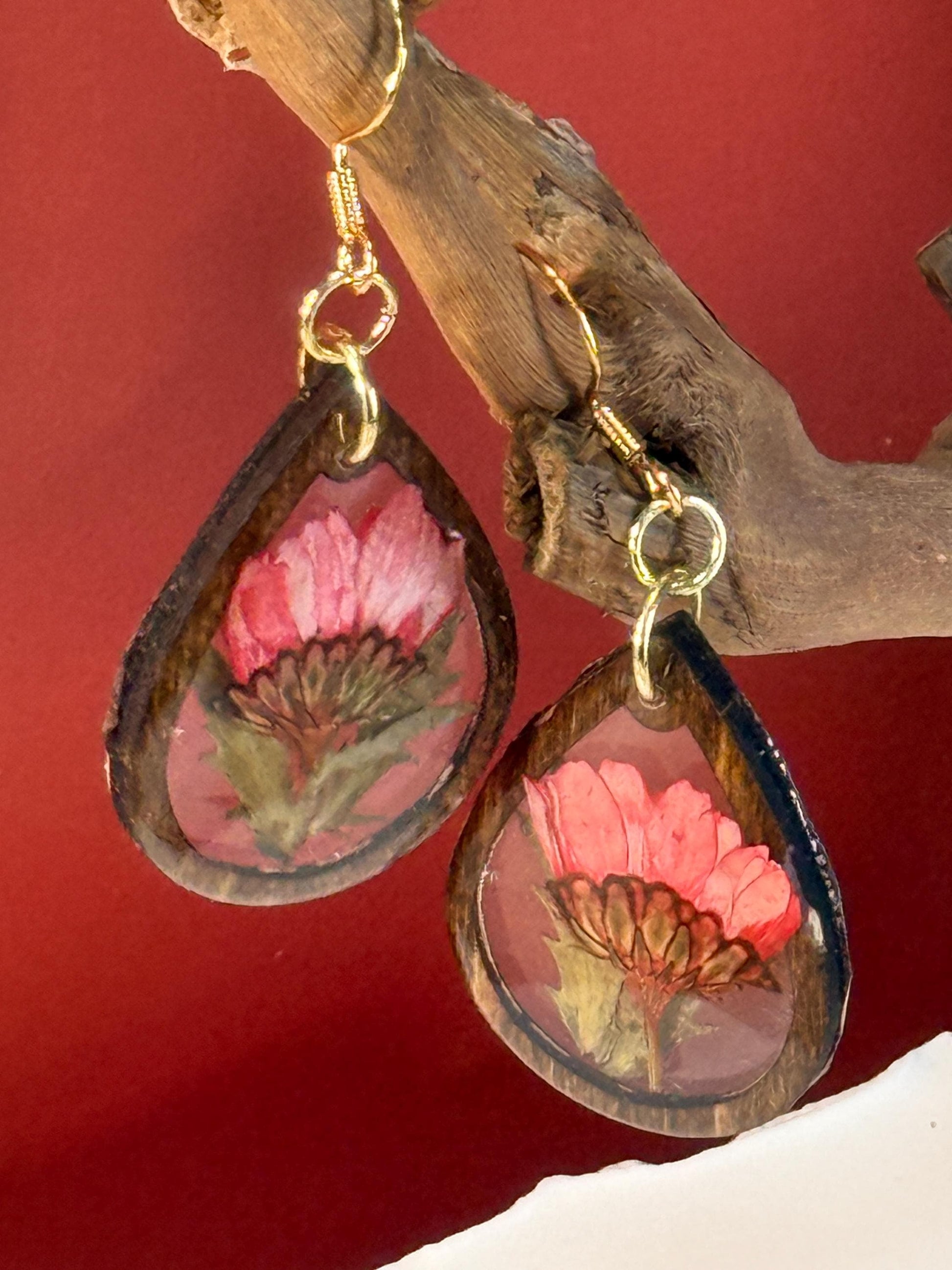 Birth Flower Earrings, Floral Resin Earrings | Rustic Wood Teardrop Dangles with Real Pressed Flowers