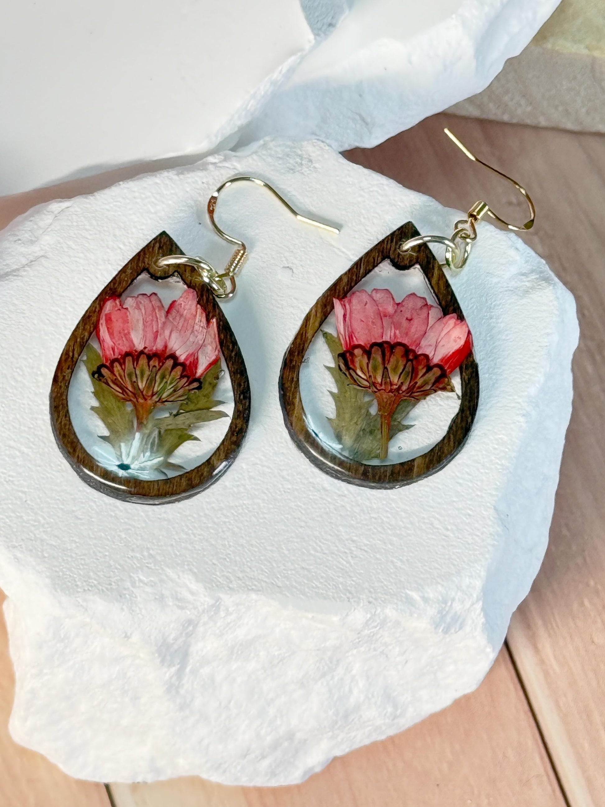 Birth Flower Earrings, Floral Resin Earrings | Rustic Wood Teardrop Dangles with Real Pressed Flowers