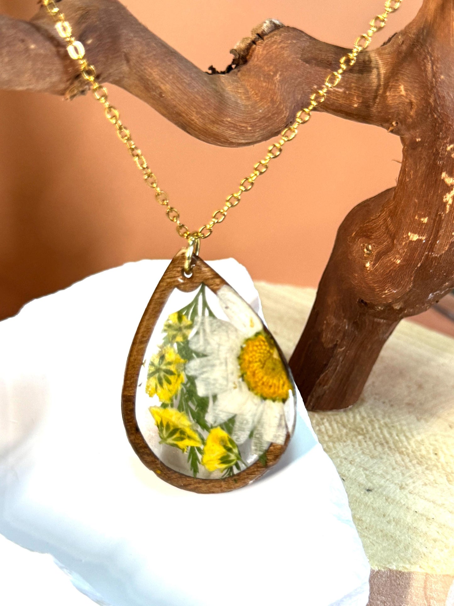 Real Daisy Teardrop Necklace: Resin Pendant, Wood Frame, Gold Chain or Leather Cord