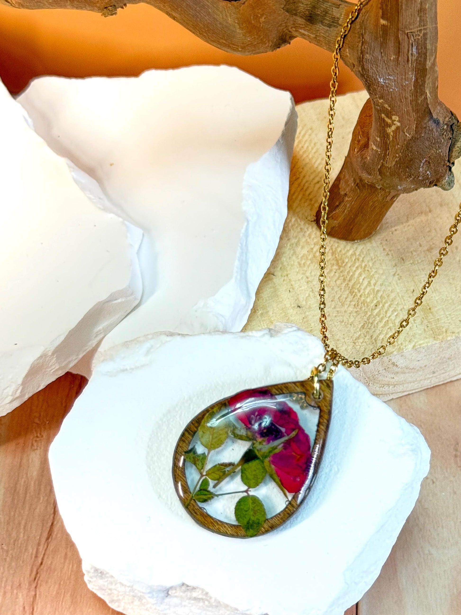 Birth Flower Necklace: Real Pressed Flower, Rustic Wood Teardrop Pendant