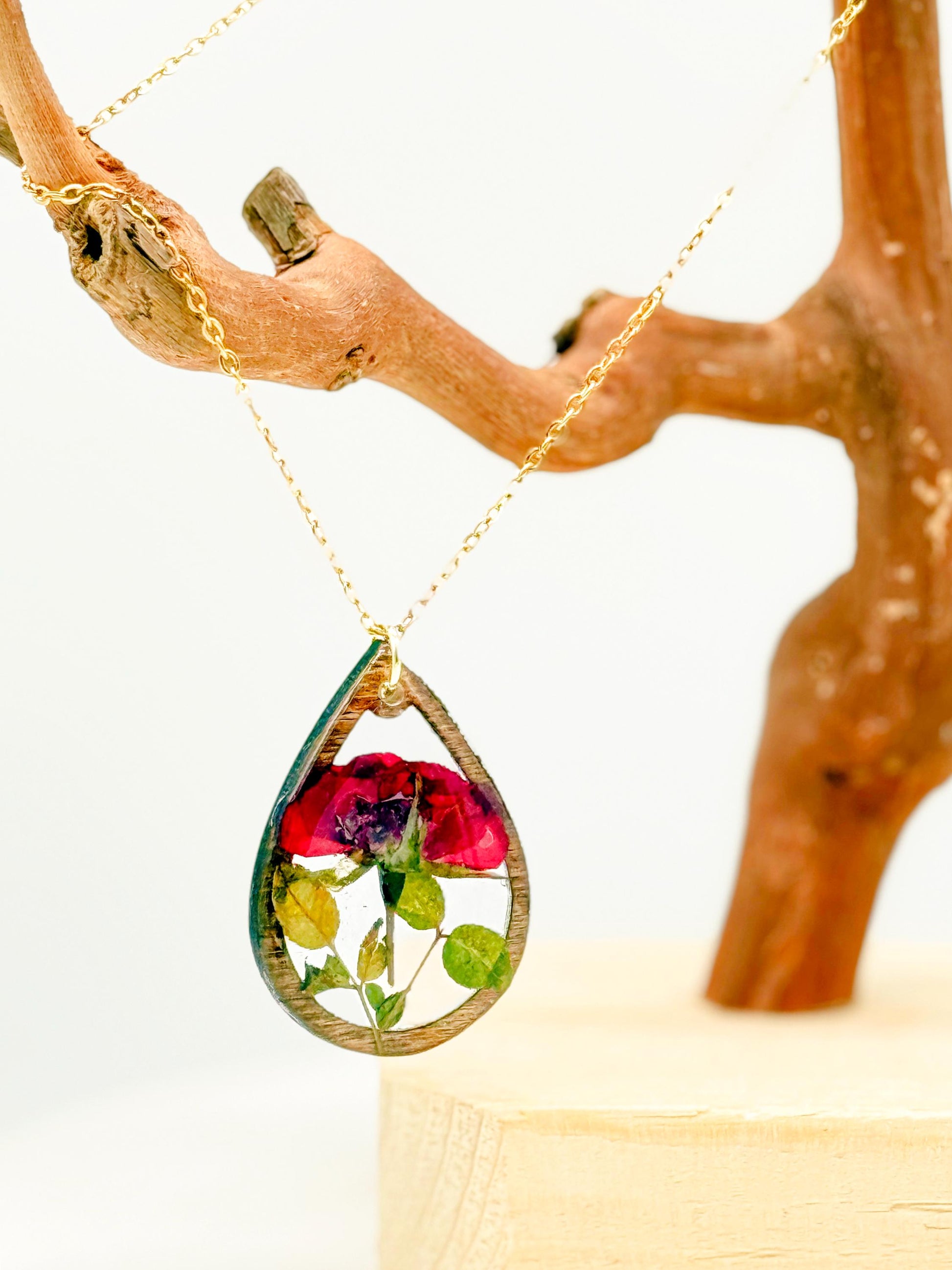Birth Flower Necklace: Real Pressed Flower, Rustic Wood Teardrop Pendant