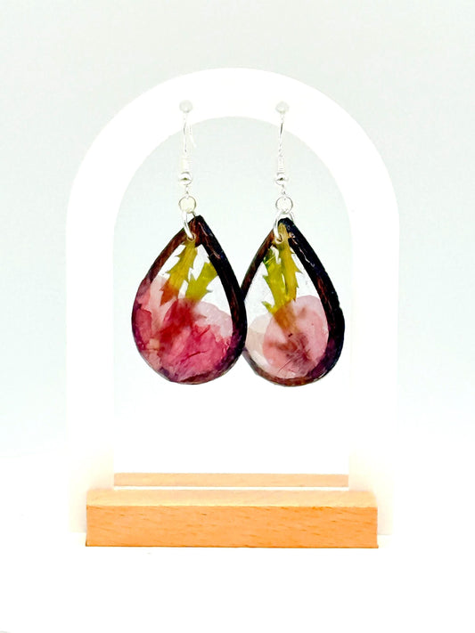 Birth Flower Earrings, Floral Resin Earrings | Rustic Wood Teardrop Dangles with Real Pressed Flowers