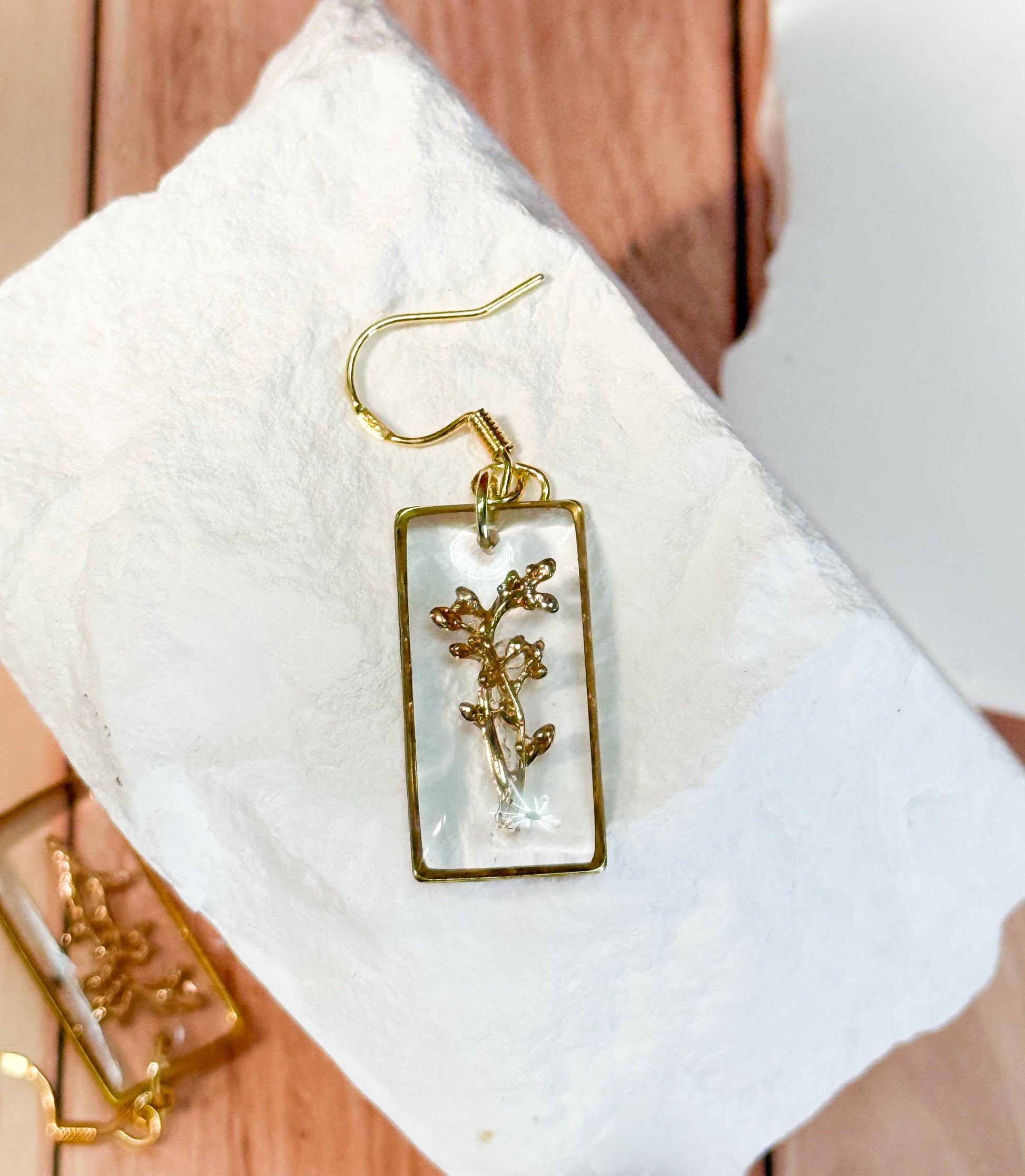 Whimsical earrings, birth flower earrings – Resin-Framed Gold Blossom Drops • Custom Month