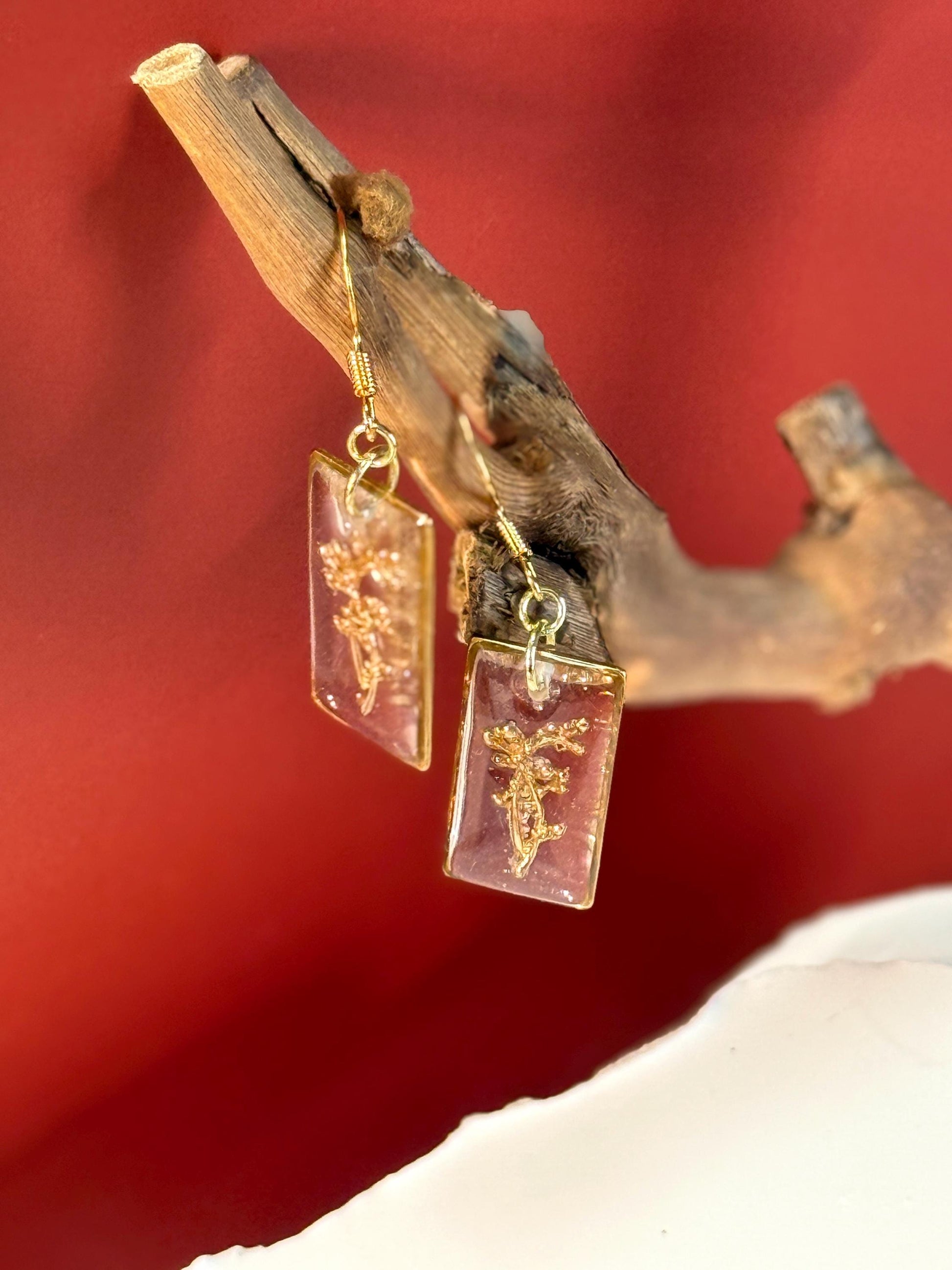 Whimsical earrings, birth flower earrings – Resin-Framed Gold Blossom Drops • Custom Month