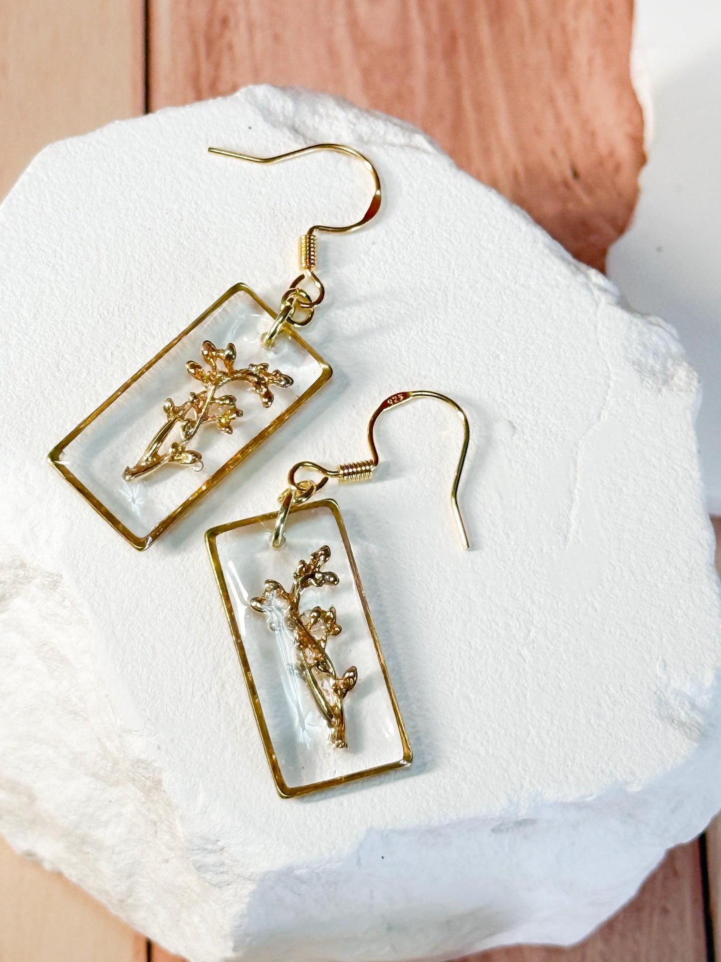Whimsical earrings, birth flower earrings – Resin-Framed Gold Blossom Drops • Custom Month