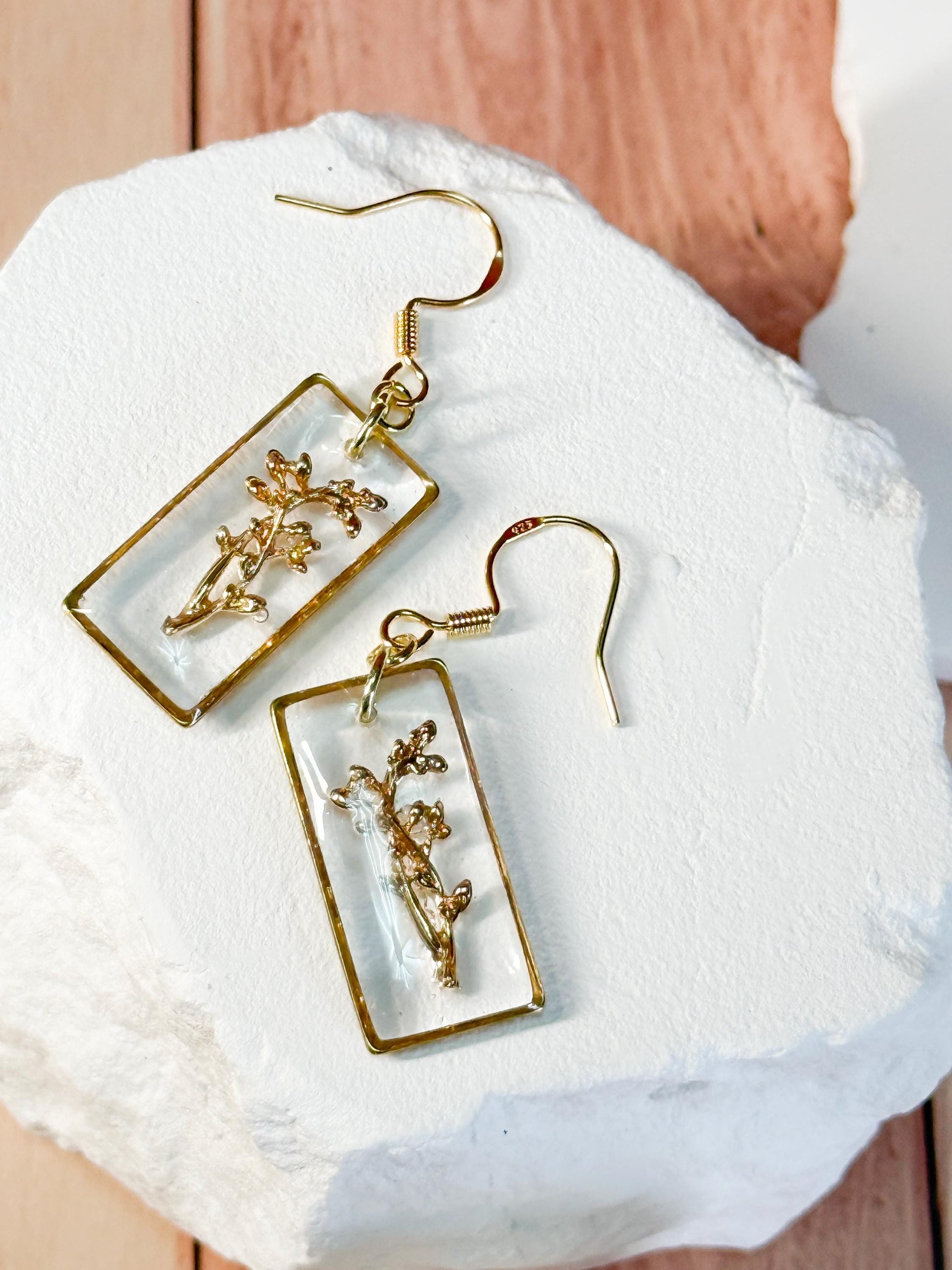 Whimsical earrings, birth flower earrings – Resin-Framed Gold Blossom Drops • Custom Month