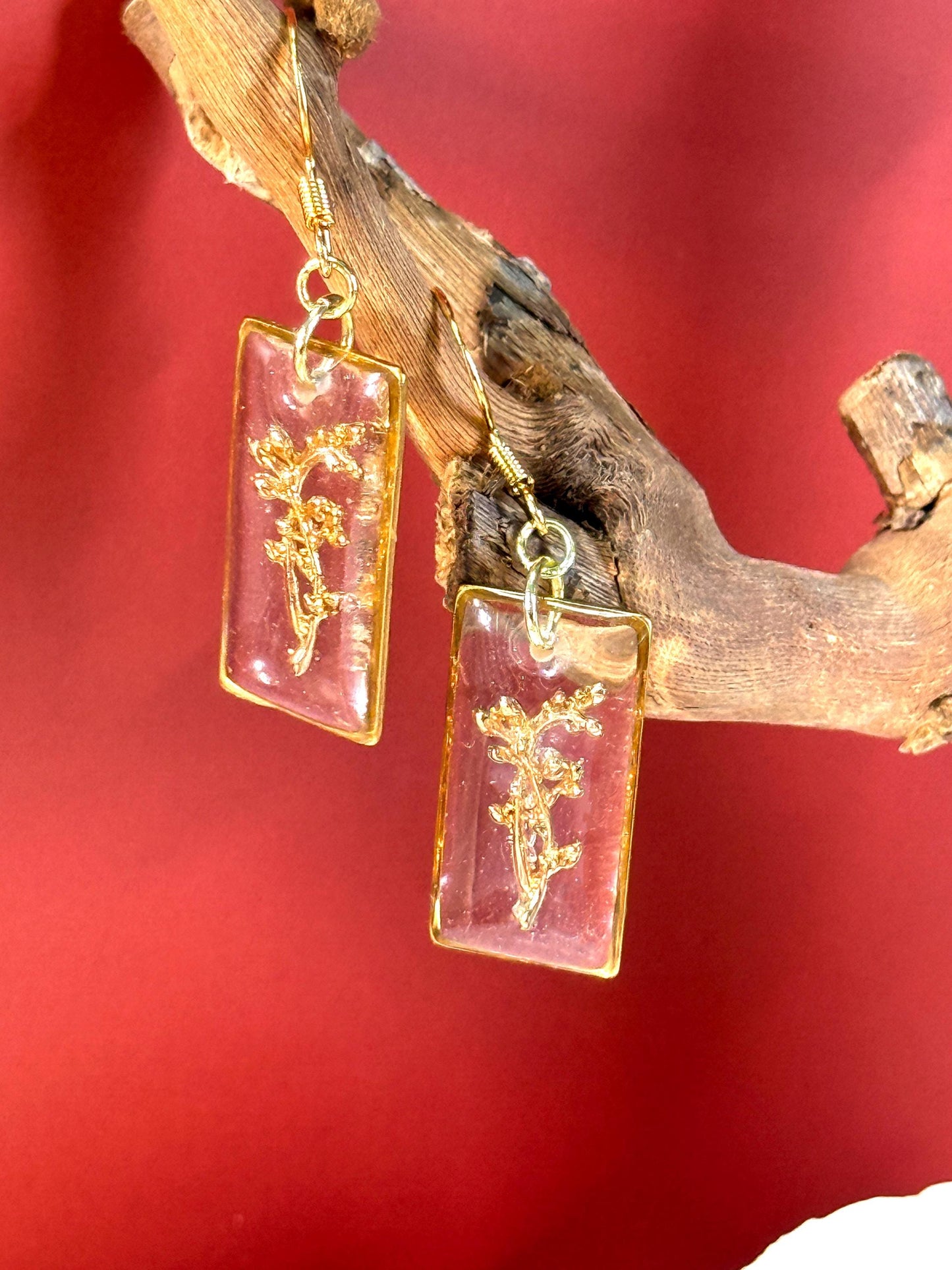 Whimsical earrings, birth flower earrings – Resin-Framed Gold Blossom Drops • Custom Month