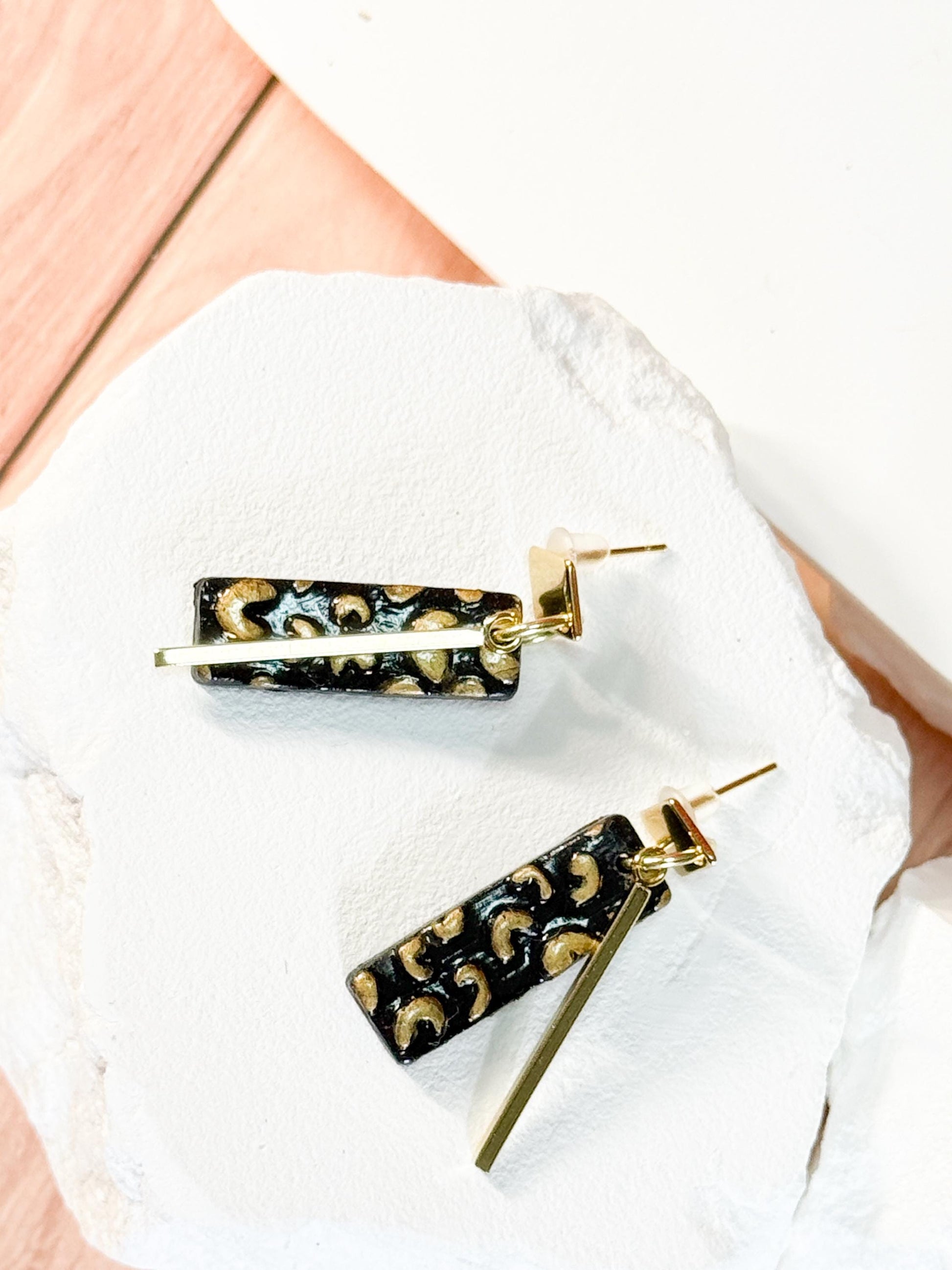 Leopard Print Polymer Clay Dangle Earrings: Gold Bar Cheetah Jewelry