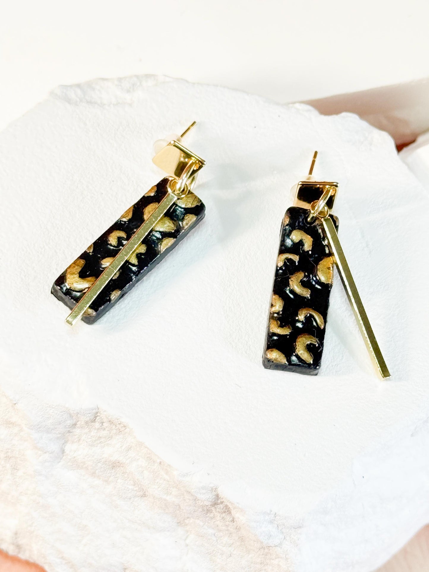Leopard Print Polymer Clay Dangle Earrings: Gold Bar Cheetah Jewelry
