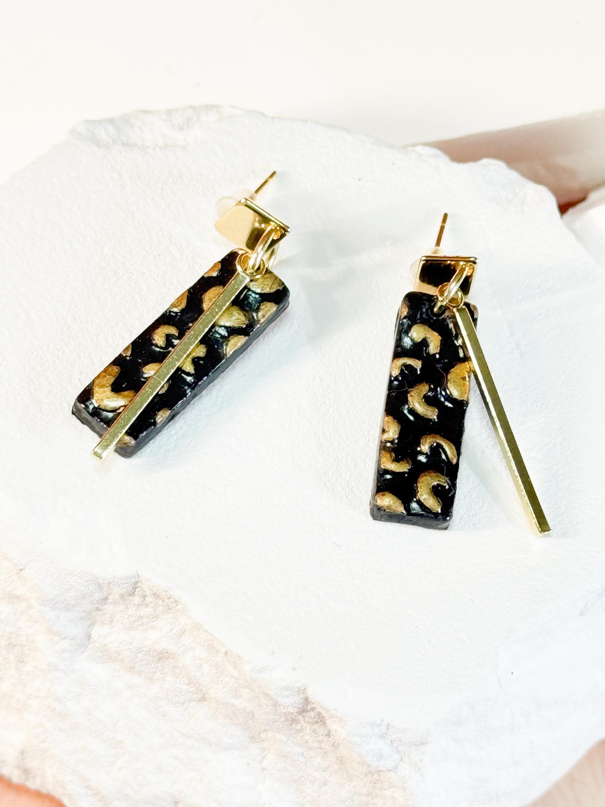 Leopard Print Polymer Clay Dangle Earrings: Gold Bar Cheetah Jewelry