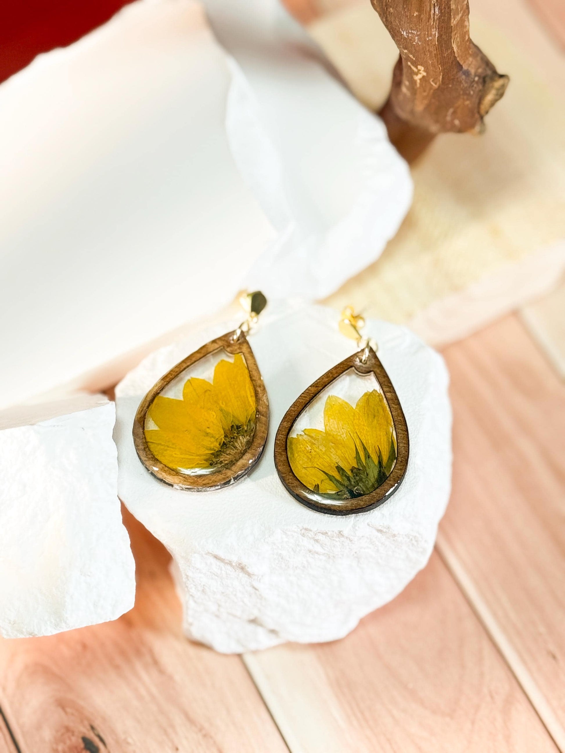 Pressed Sunflower Earrings: Resin & Walnut Wood, Gold Posts