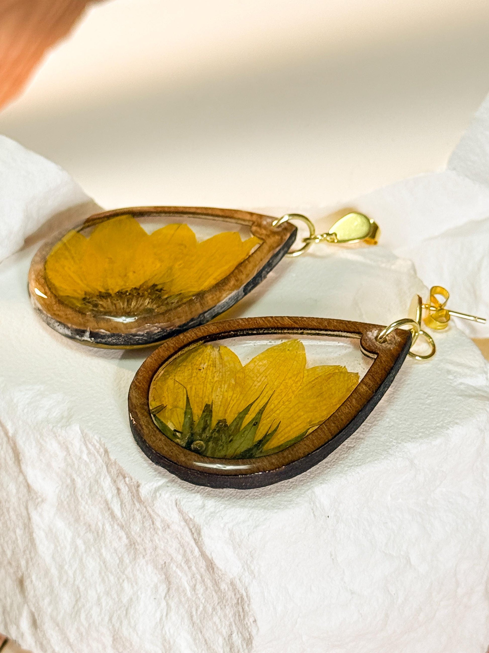 Pressed Sunflower Earrings: Resin & Walnut Wood, Gold Posts