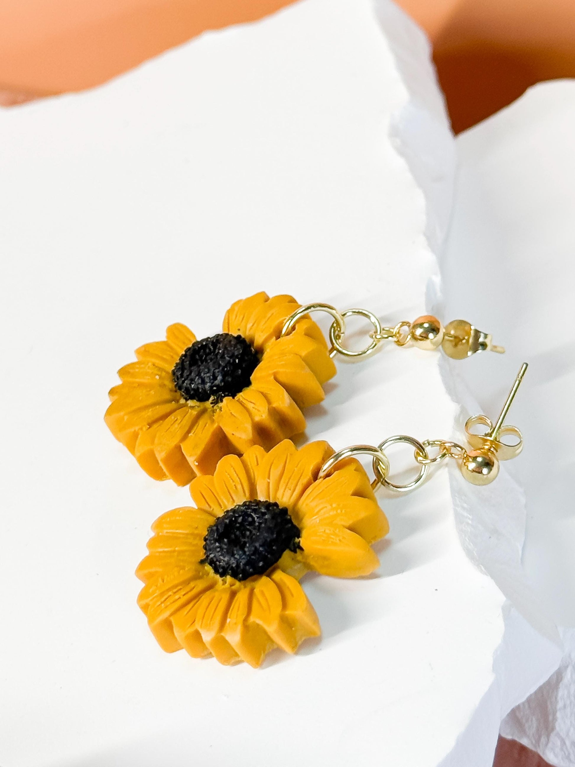 Polymer Clay Sunflower Earrings: 14k Gold Plated Posts