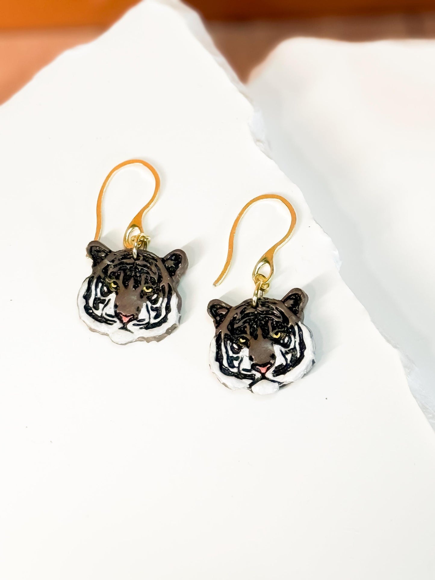 Hand-Painted Polymer Clay Tiger Earrings: Wildcat Animal Lover Dangles