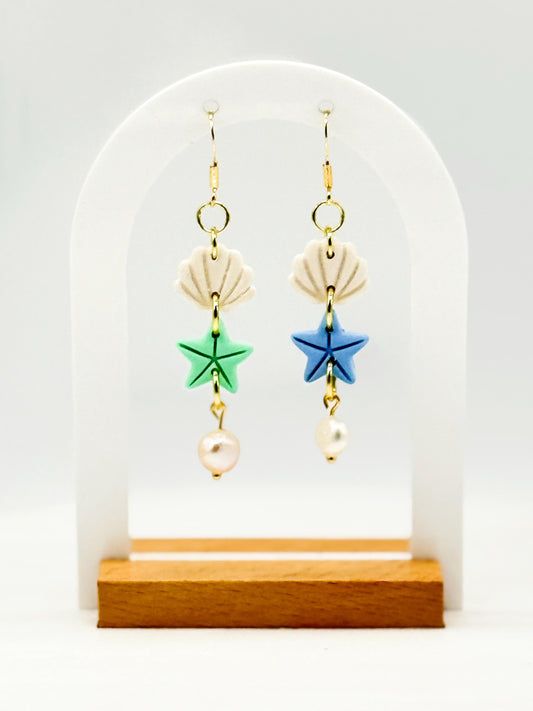 Funky earrings, baroque pearl earrings – Mermaid-inspired polymer clay seashell & starfish dangles | Handmade beach jewelry