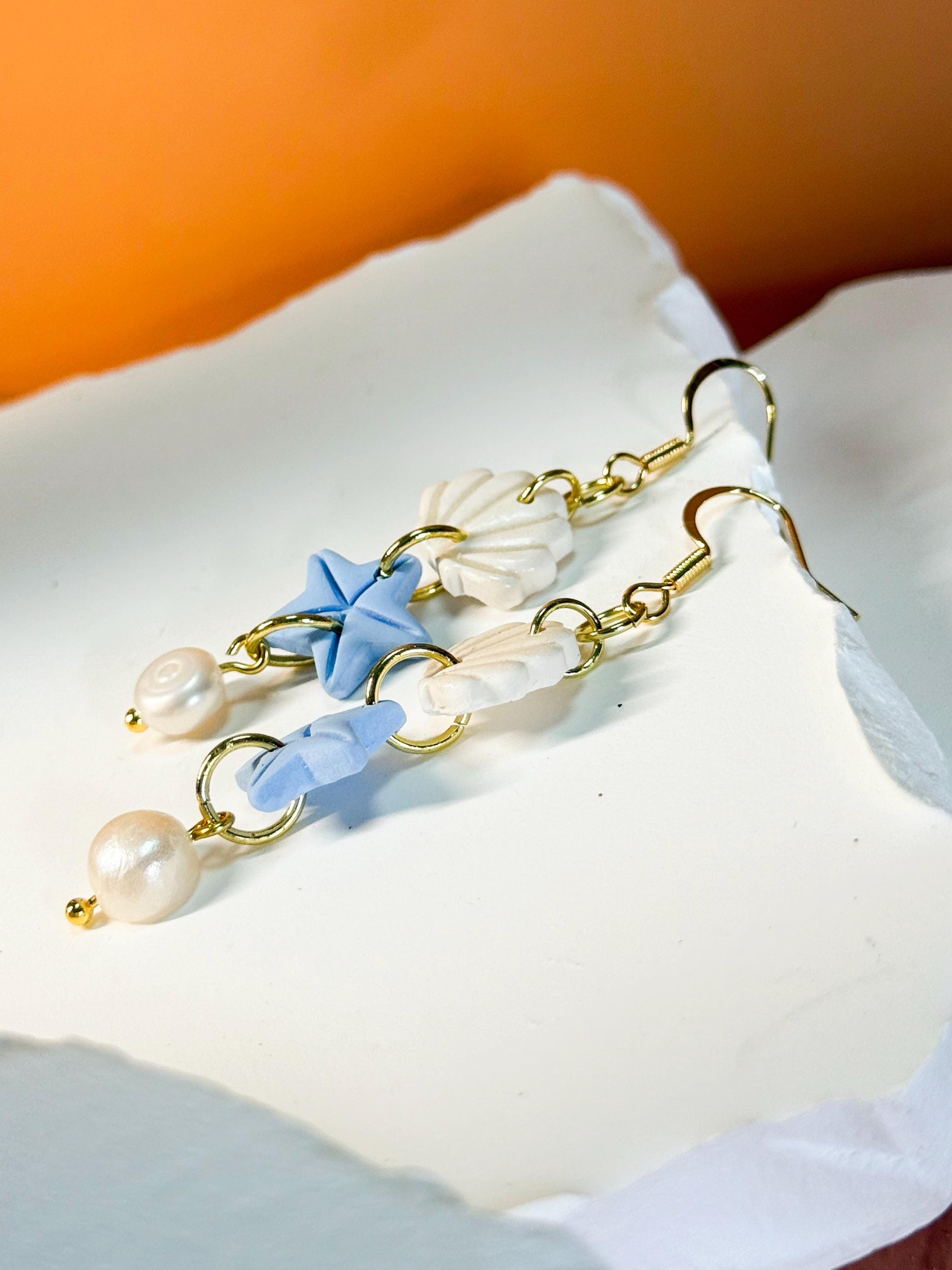 Funky earrings, baroque pearl earrings – Mermaid-inspired polymer clay seashell & starfish dangles | Handmade beach jewelry