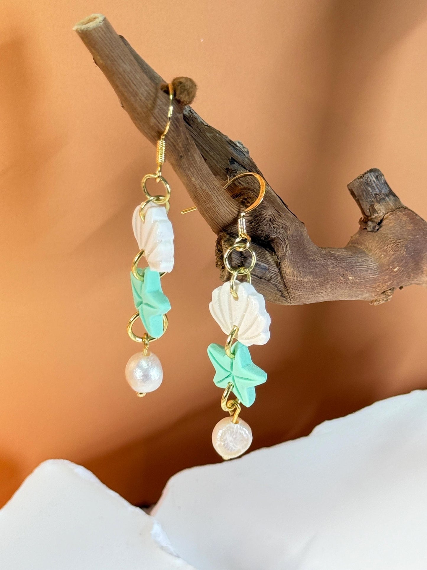 Funky earrings, baroque pearl earrings – Mermaid-inspired polymer clay seashell & starfish dangles | Handmade beach jewelry