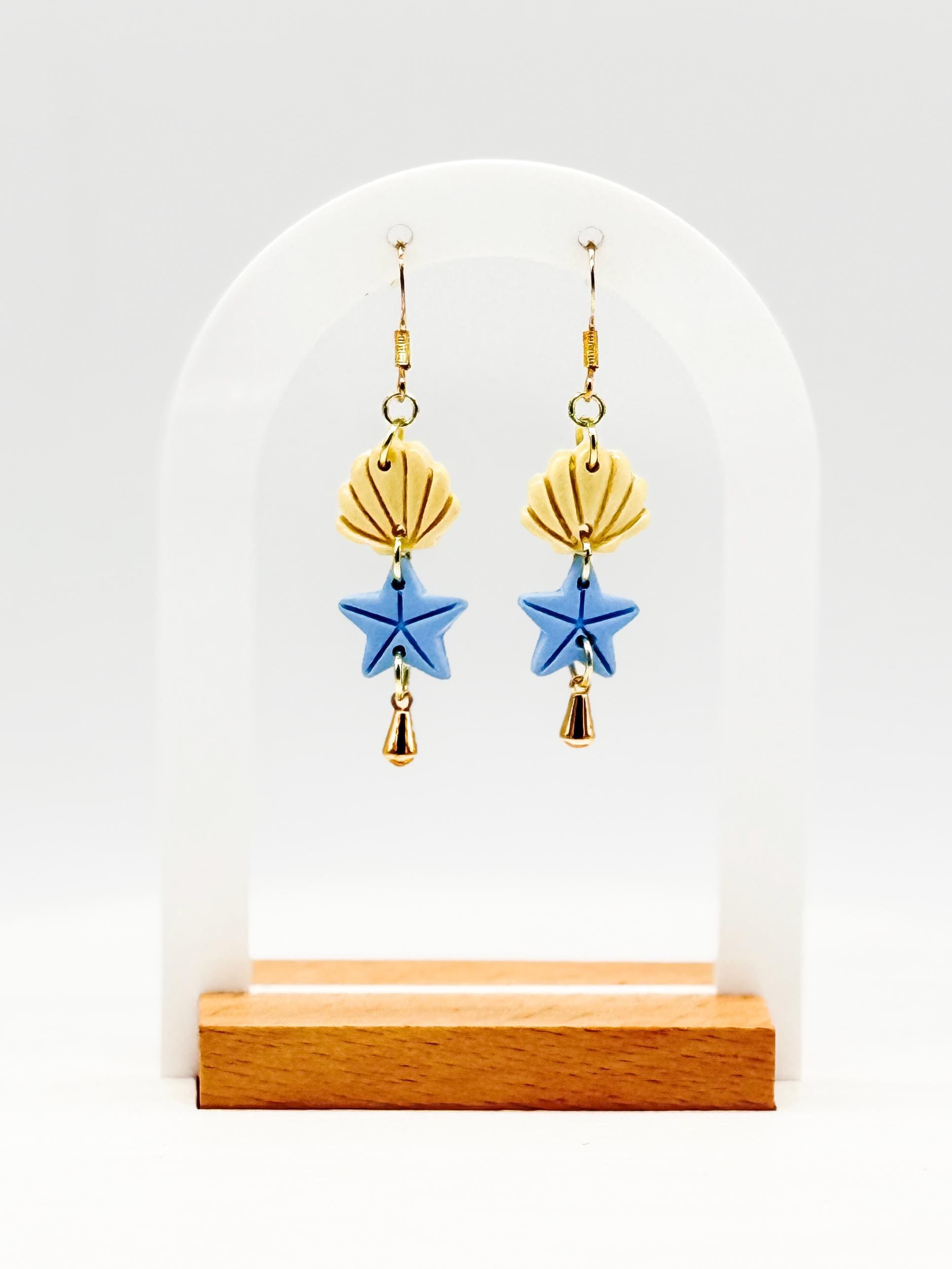 Polymer Clay Seashell Starfish Earrings: Handmade Gold Dangle Beach Jewelry