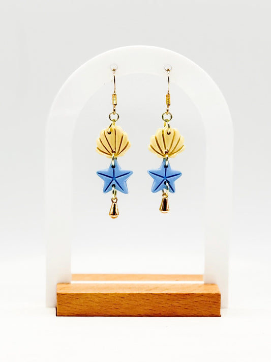 Polymer Clay Seashell Starfish Earrings: Handmade Gold Dangle Beach Jewelry