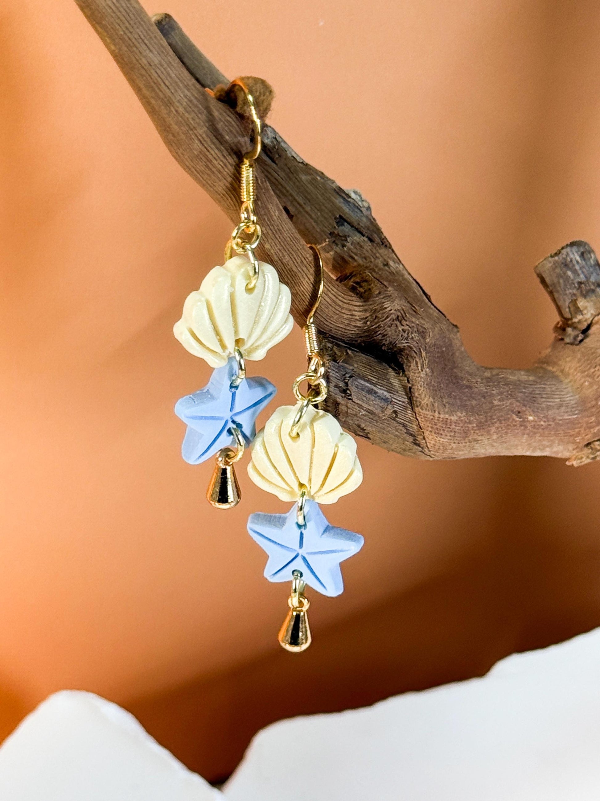Polymer Clay Seashell Starfish Earrings: Handmade Gold Dangle Beach Jewelry