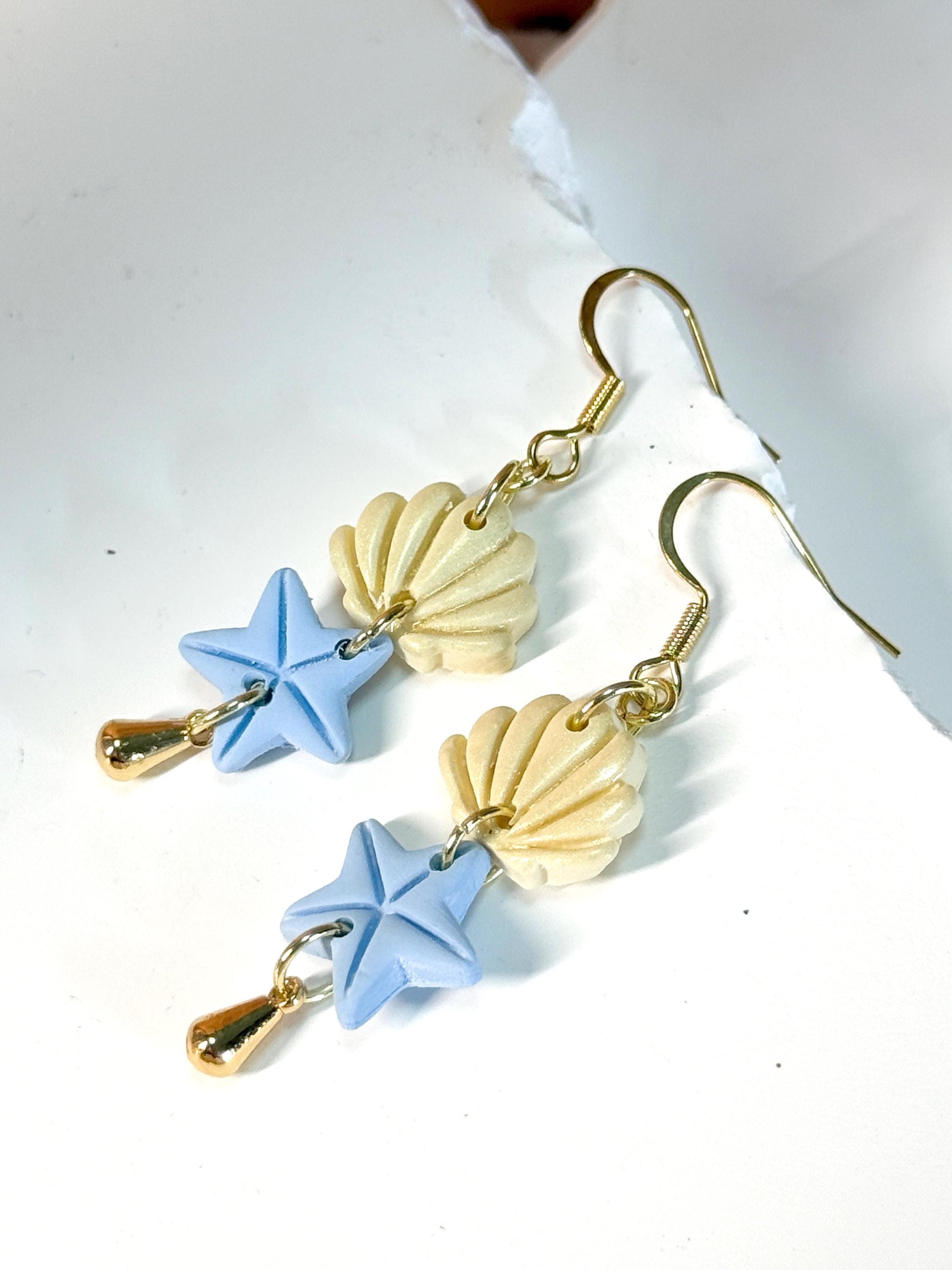 Polymer Clay Seashell Starfish Earrings: Handmade Gold Dangle Beach Jewelry