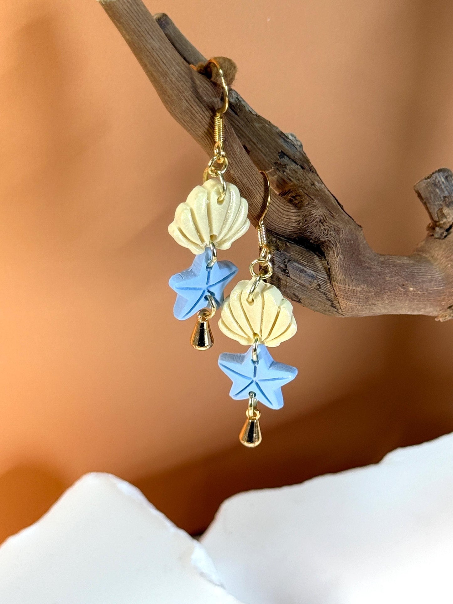 Polymer Clay Seashell Starfish Earrings: Handmade Gold Dangle Beach Jewelry