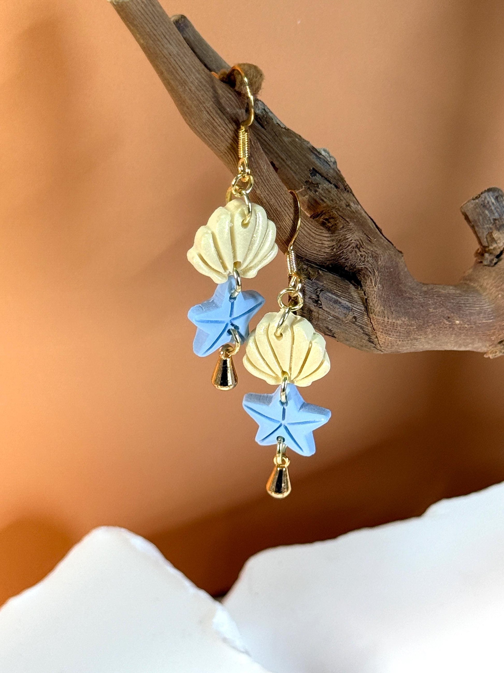 Polymer Clay Seashell Starfish Earrings: Handmade Gold Dangle Beach Jewelry