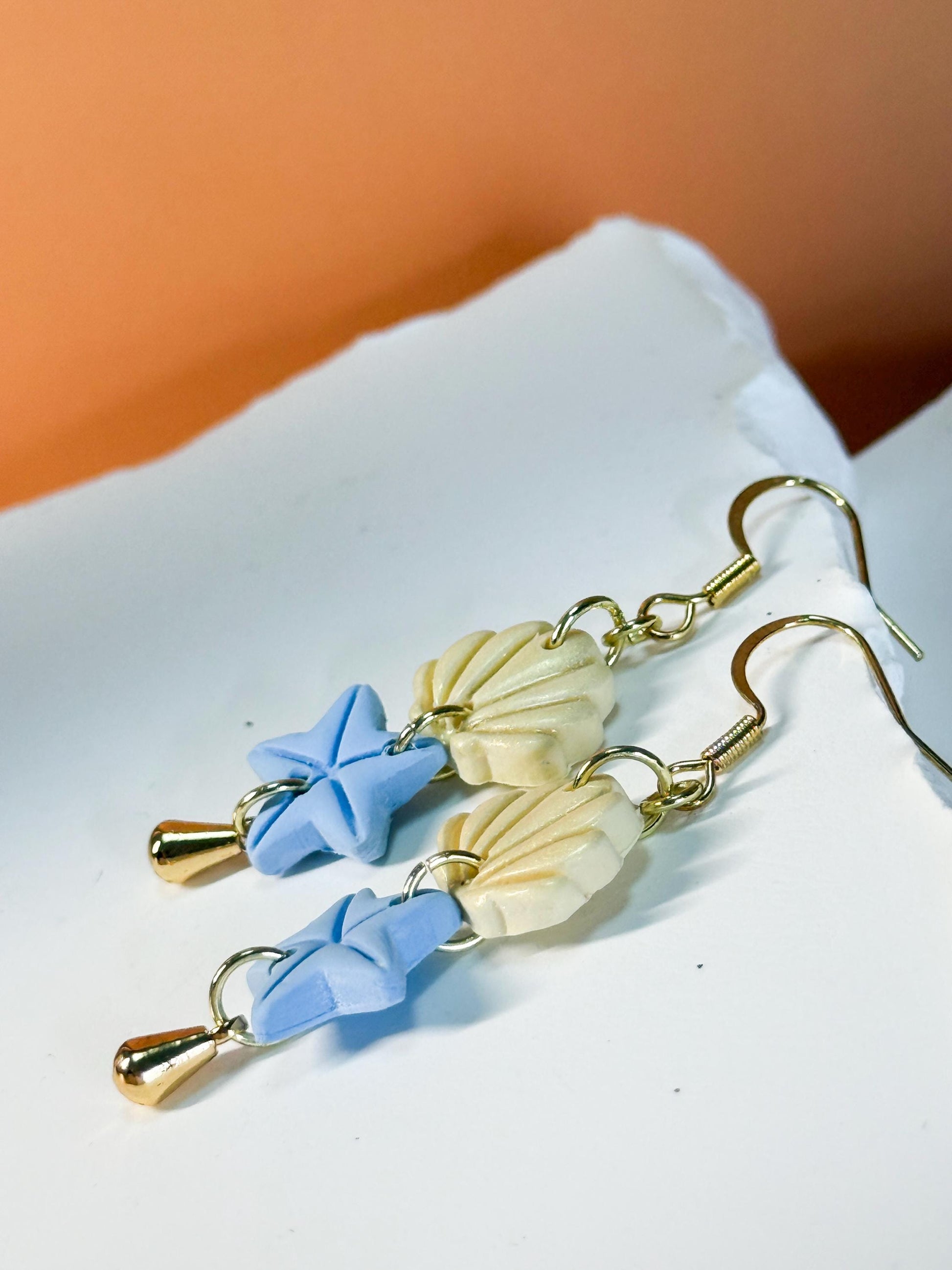 Polymer Clay Seashell Starfish Earrings: Handmade Gold Dangle Beach Jewelry