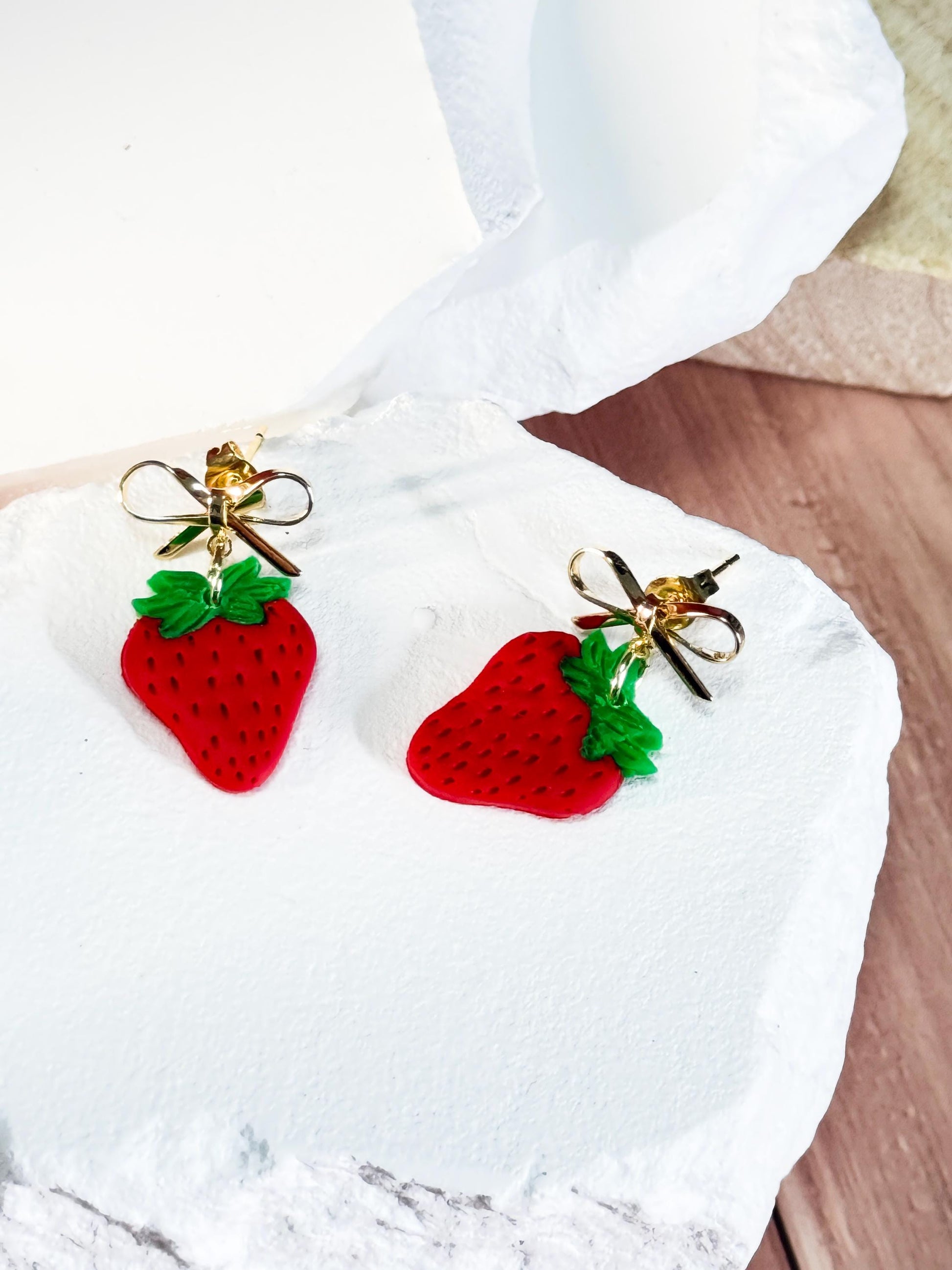 Strawberry Earrings: Handmade Polymer Clay Berry Dangles with Gold Bows