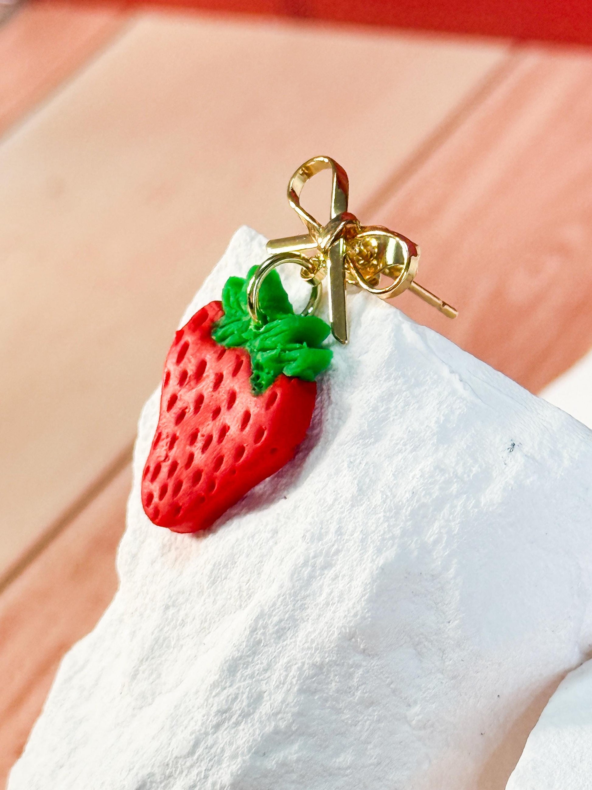 Strawberry Earrings: Handmade Polymer Clay Berry Dangles with Gold Bows