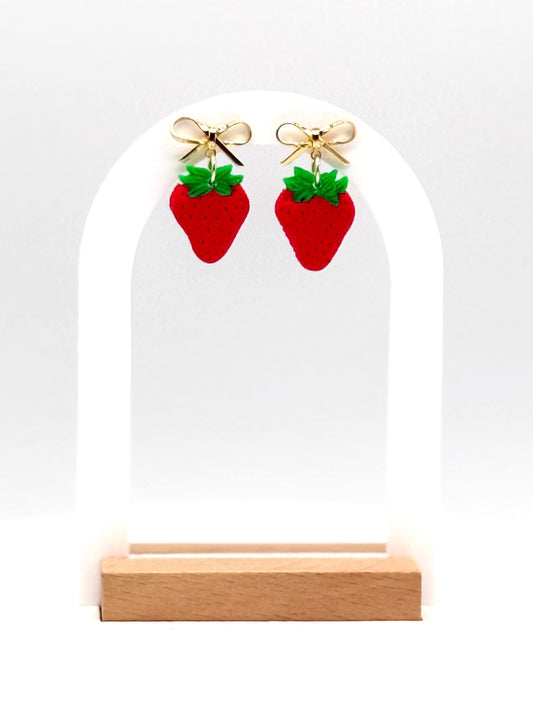 Strawberry Earrings: Handmade Polymer Clay Berry Dangles with Gold Bows